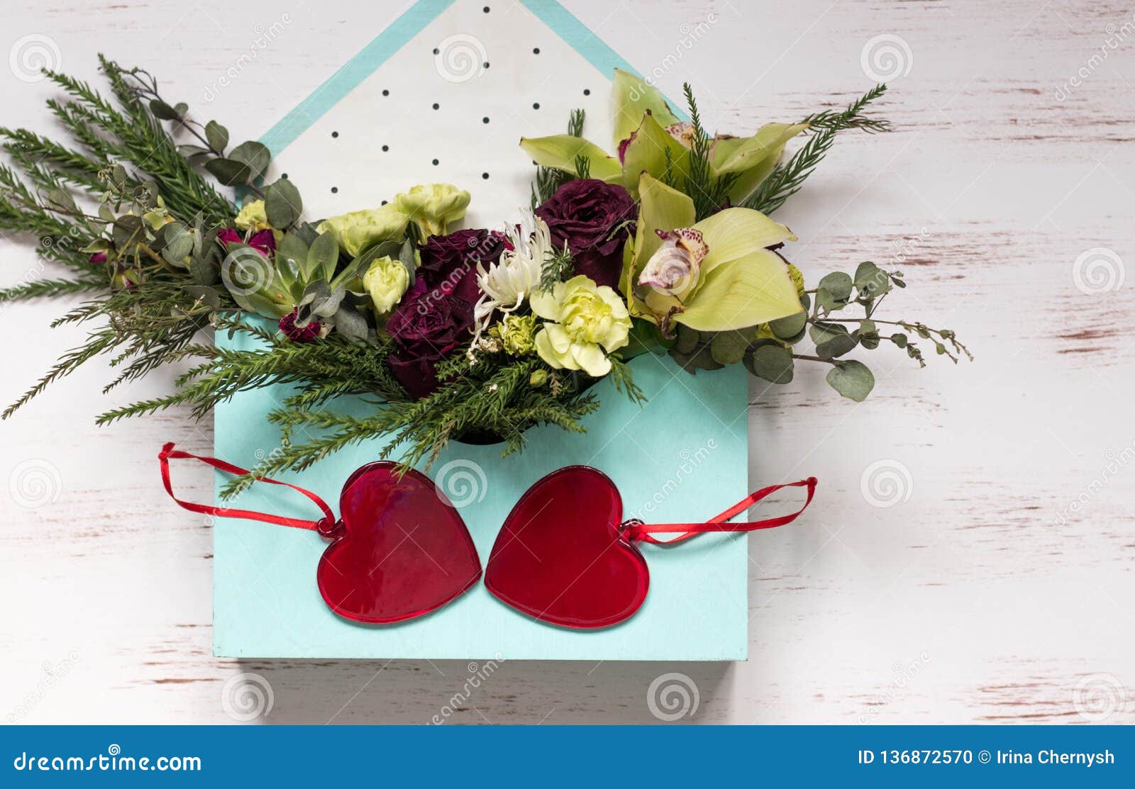 Two Red Hearts on the Blue Envelope with Flowers Stock Photo Image of