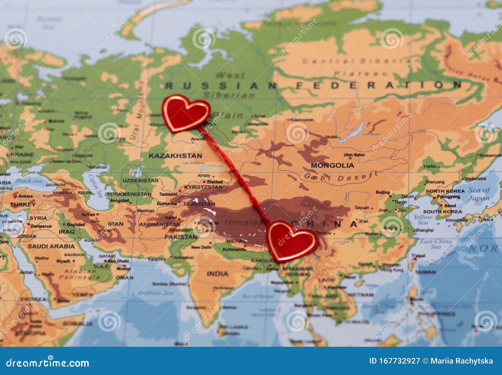 The Way Back Map Two Red Hearts On A World Map Connected By A Red Thread Stock Image - Image  Of China, Russia: 167732927