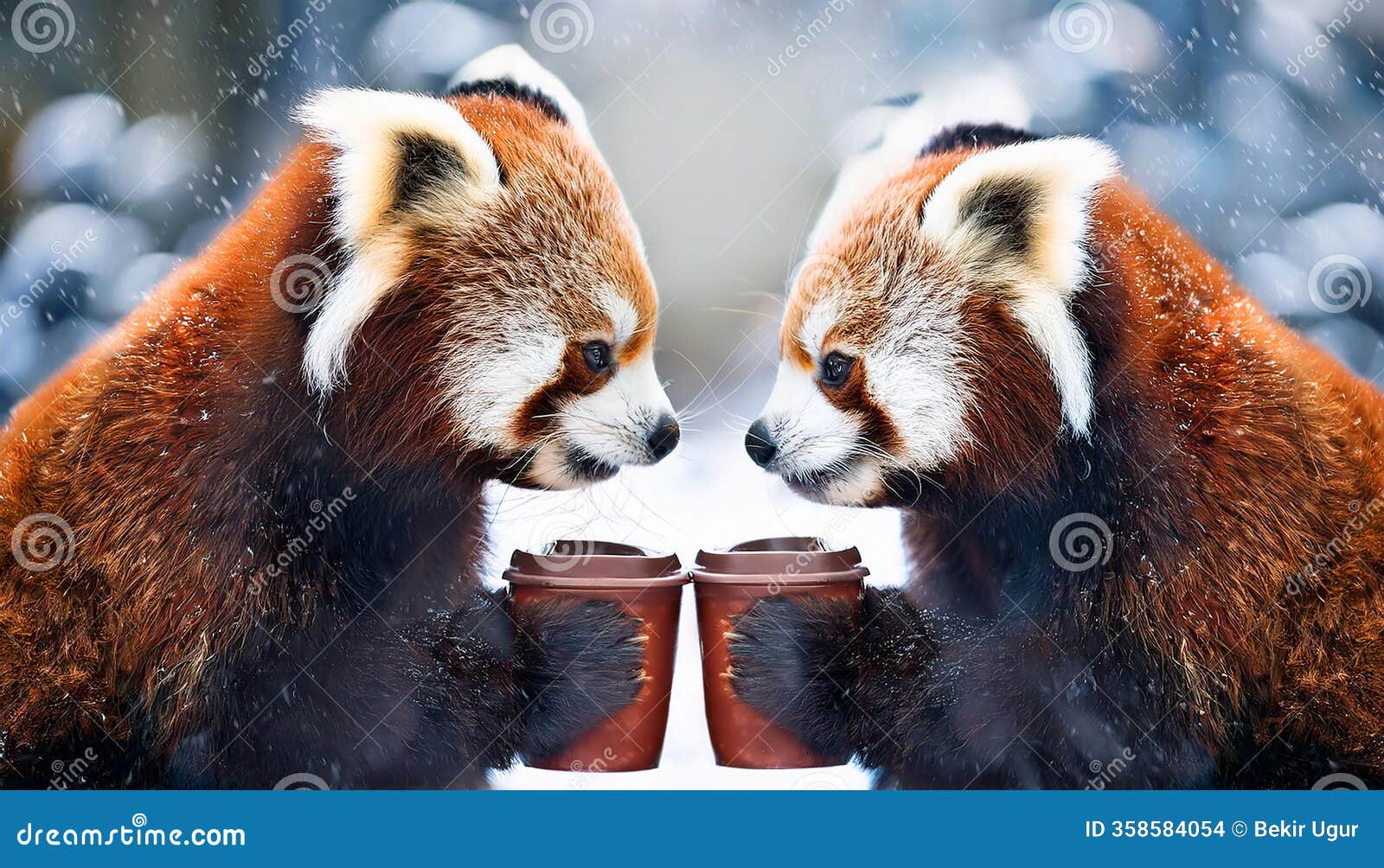 two red pandas drink coffee in winter.