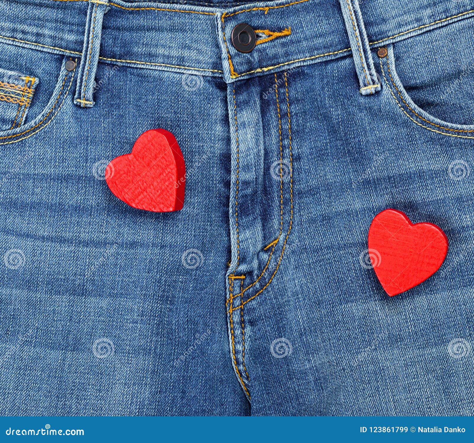 Two Red Wooden Hearts on Blue Jeans Stock Image Image of jean, jeans