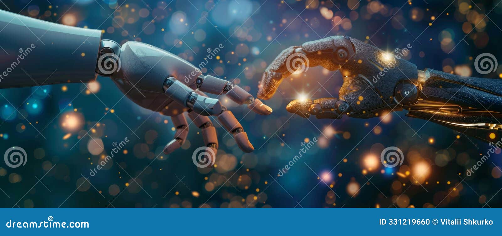 two robotic hands reaching out towards each other, izing connection, technology, and the future in a glowing