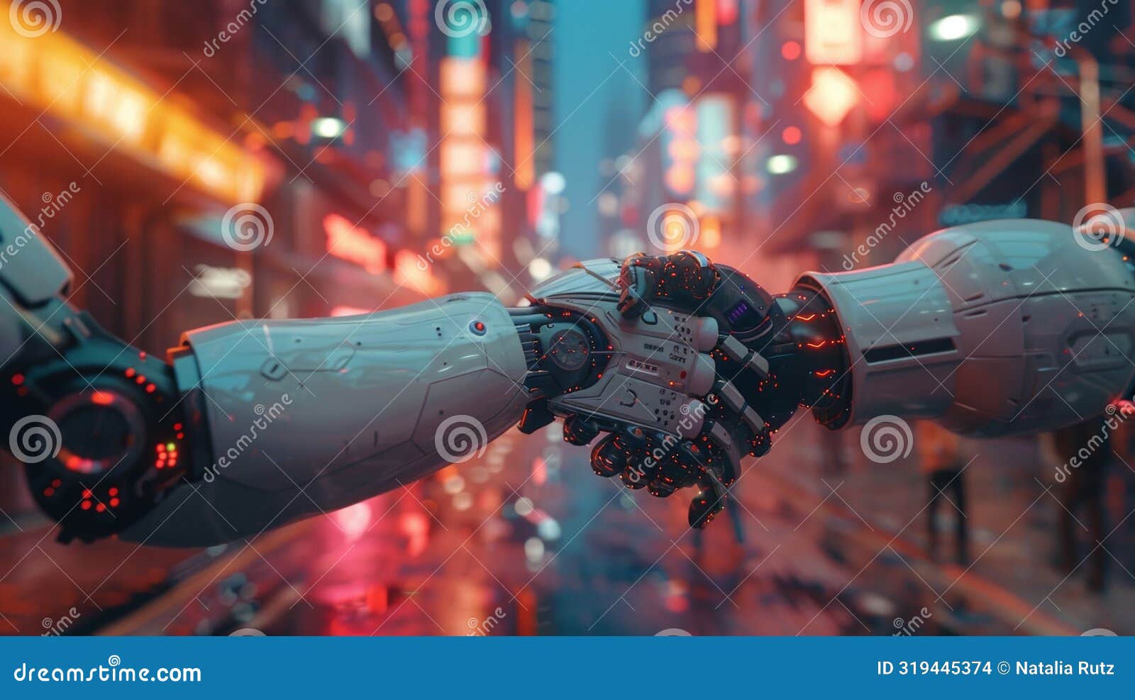 two robotic hands shaking in a neon-lit urban environment, izing futuristic cooperation