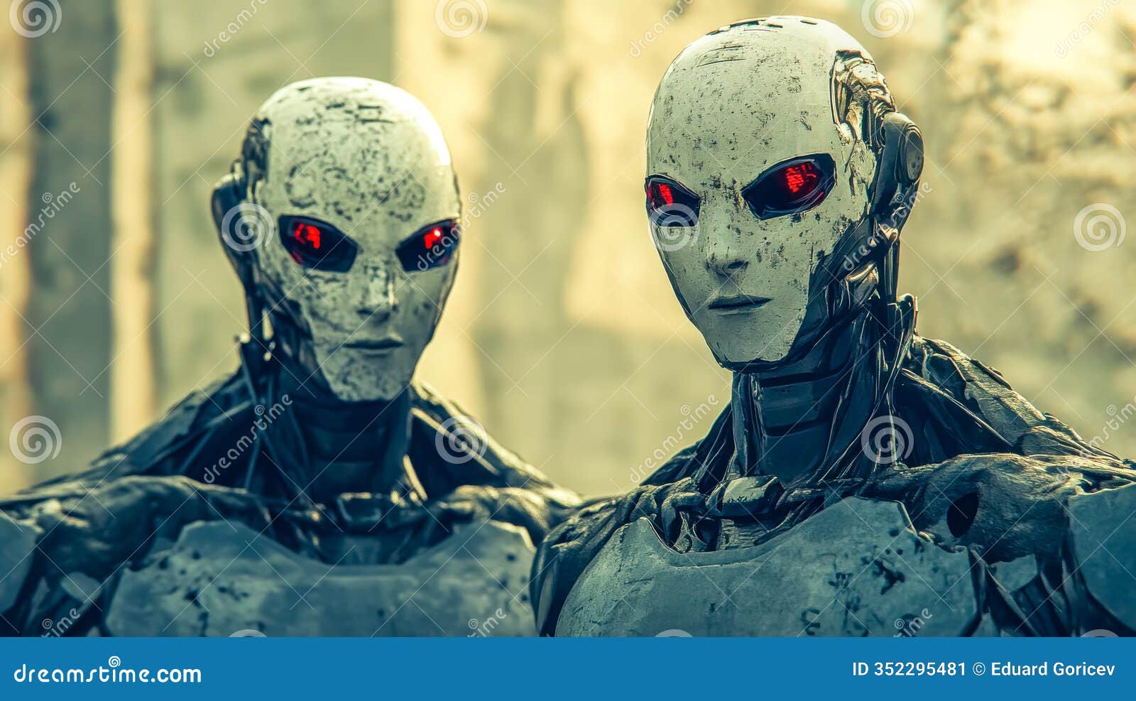 two robots standing together in post apocalyptic city