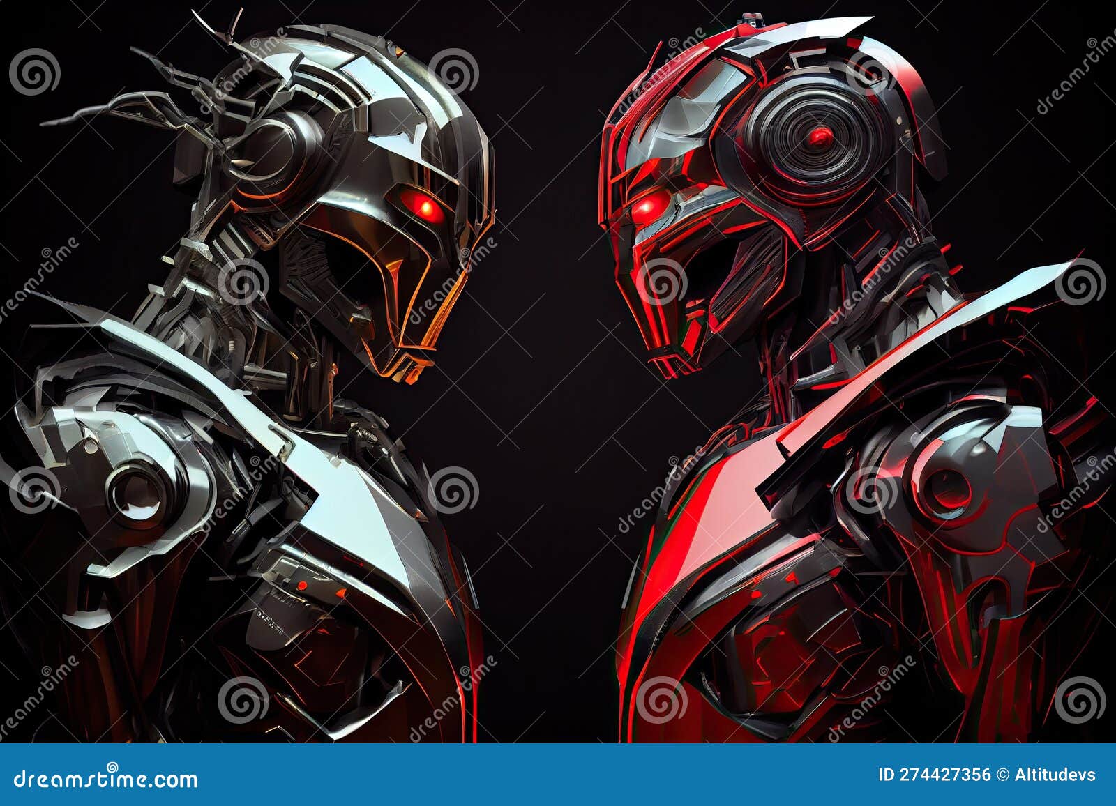two robots, one with red and black color scheme and the other with sleek metallic finish, face off against each other