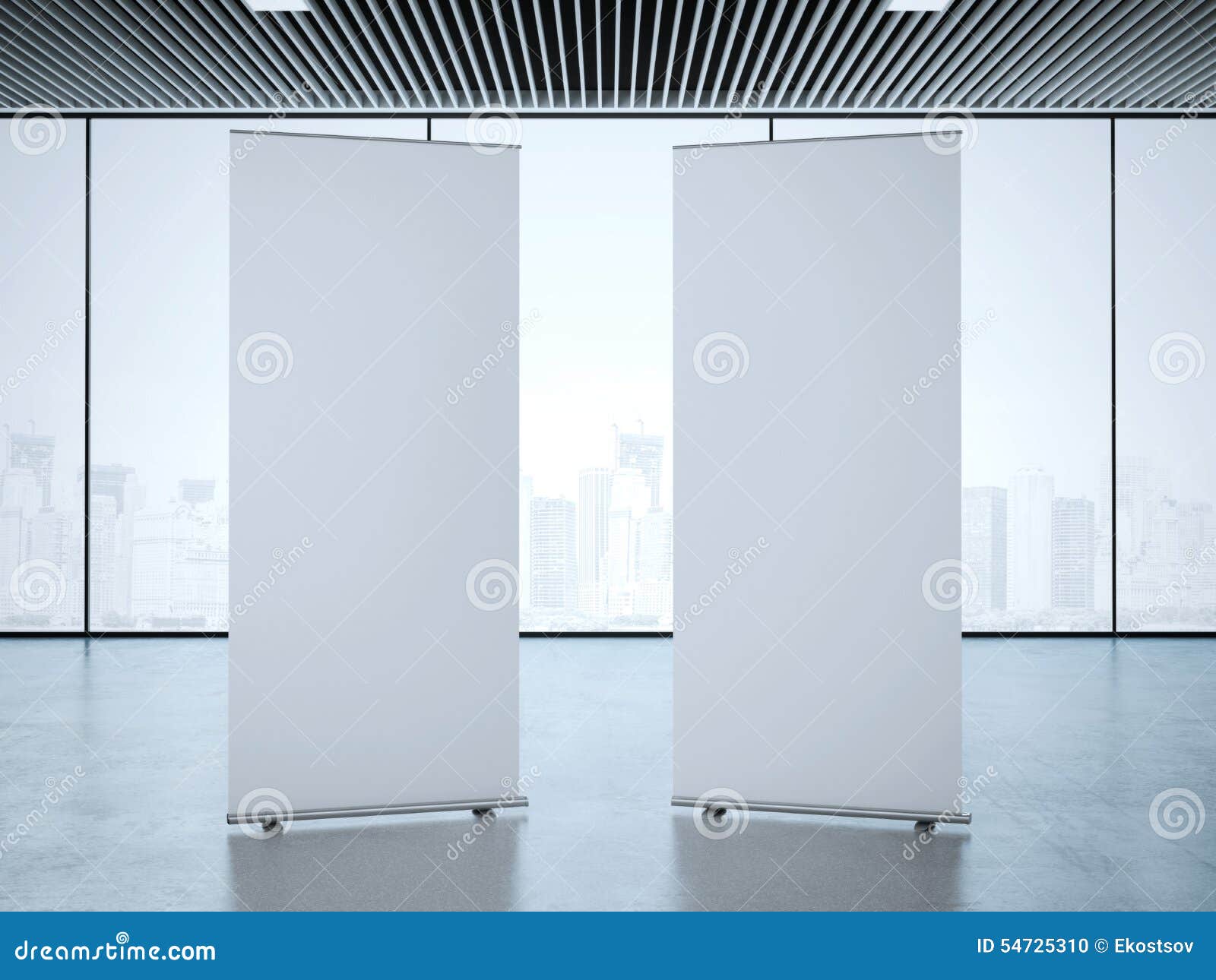 two roll up banners at office. 3d rendering