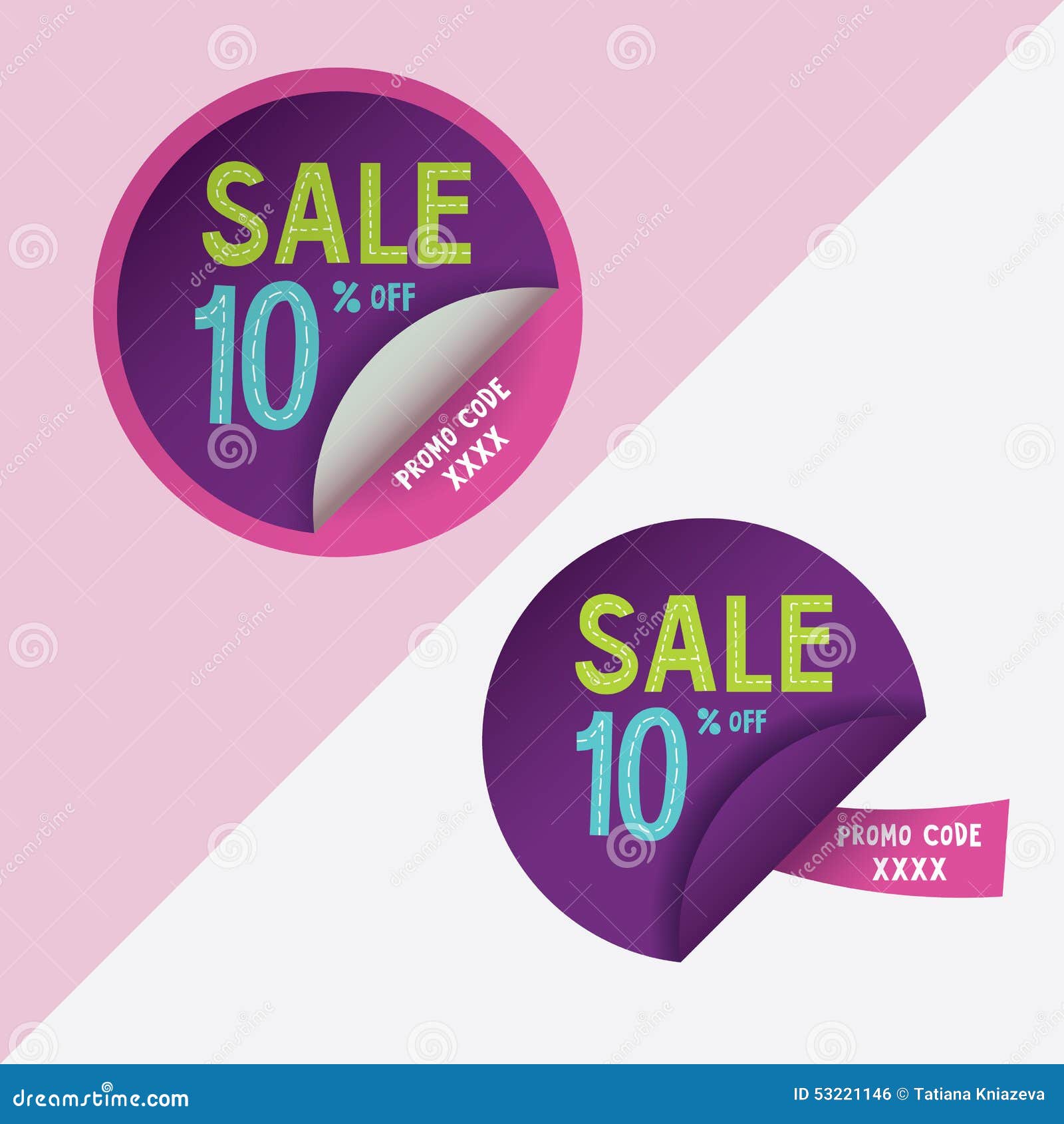 Two round stickers with 10 discount and promo code for web site