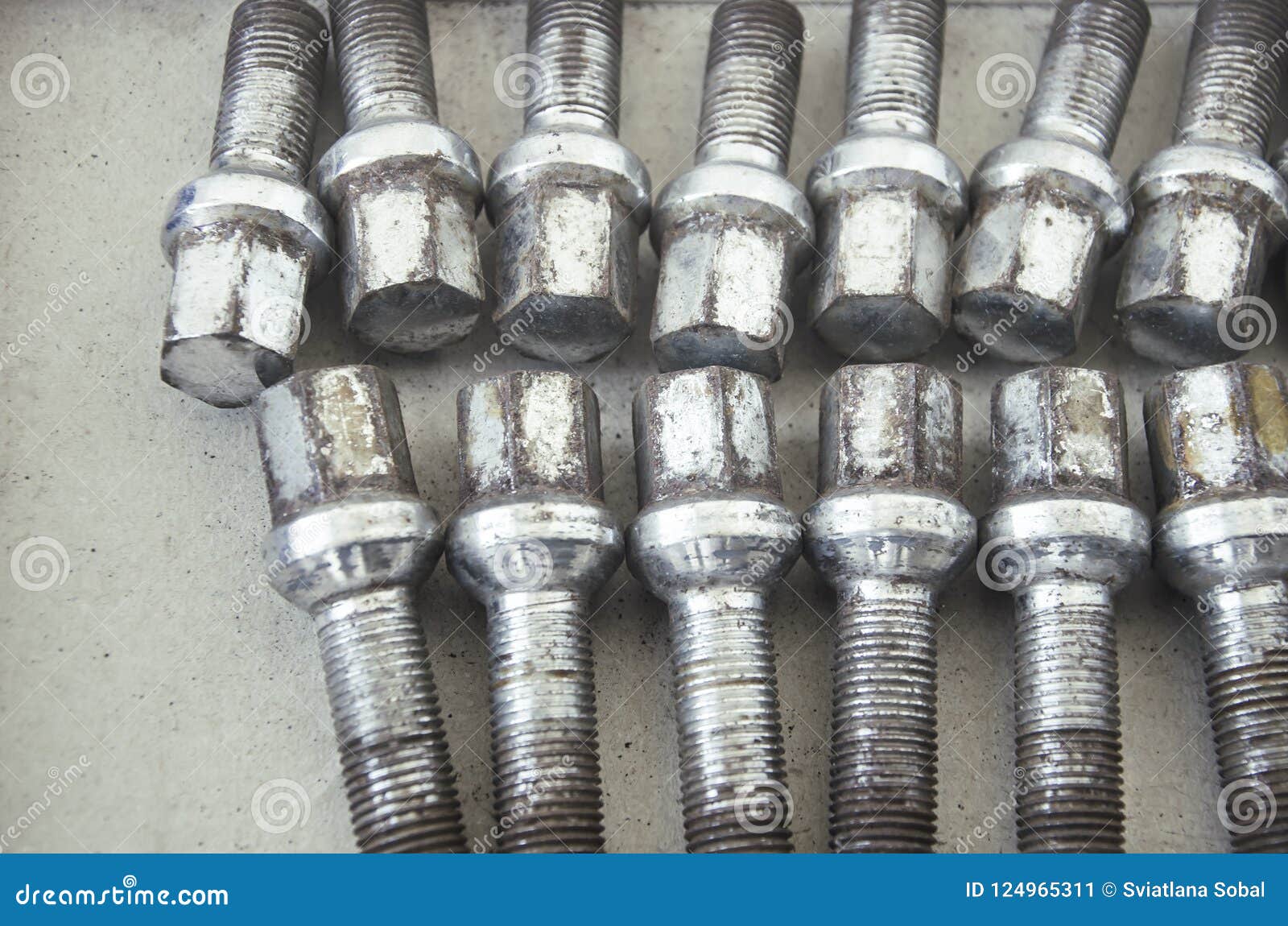 Two Rows of Car Bolts for Wheels Stock Image Image of background