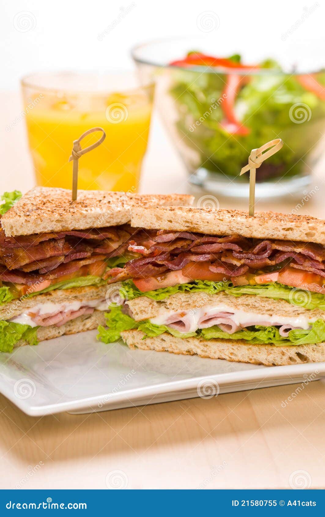 Two Sandwiches on Plate with Juice and Salad Bowl Stock Image Image