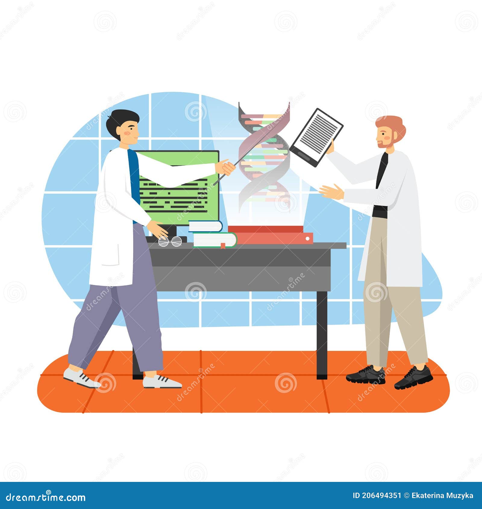 Two Scientists in Lab Coats Studying Genes, Dna Structure, Flat Vector