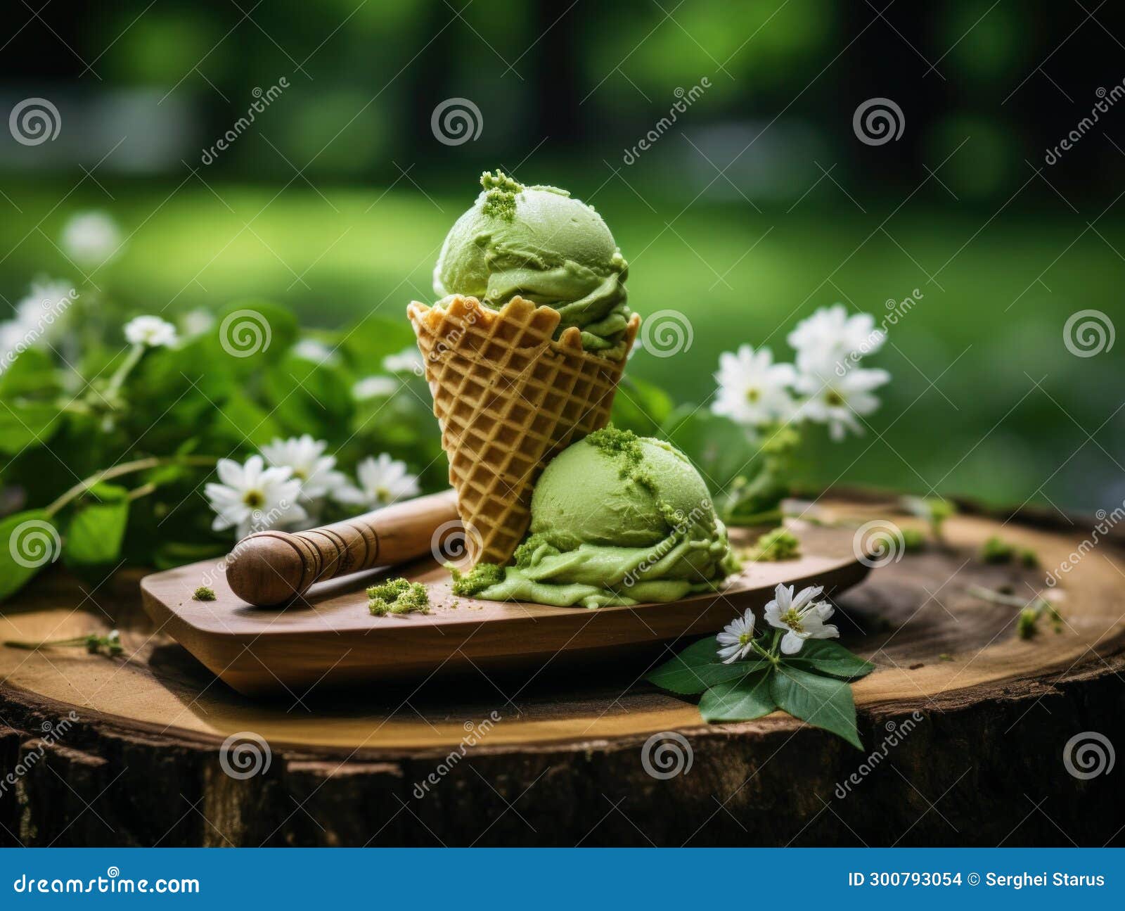 Two Scoops of Matcha Green Tea Ice Cream in a Waffle Cone, AI Stock