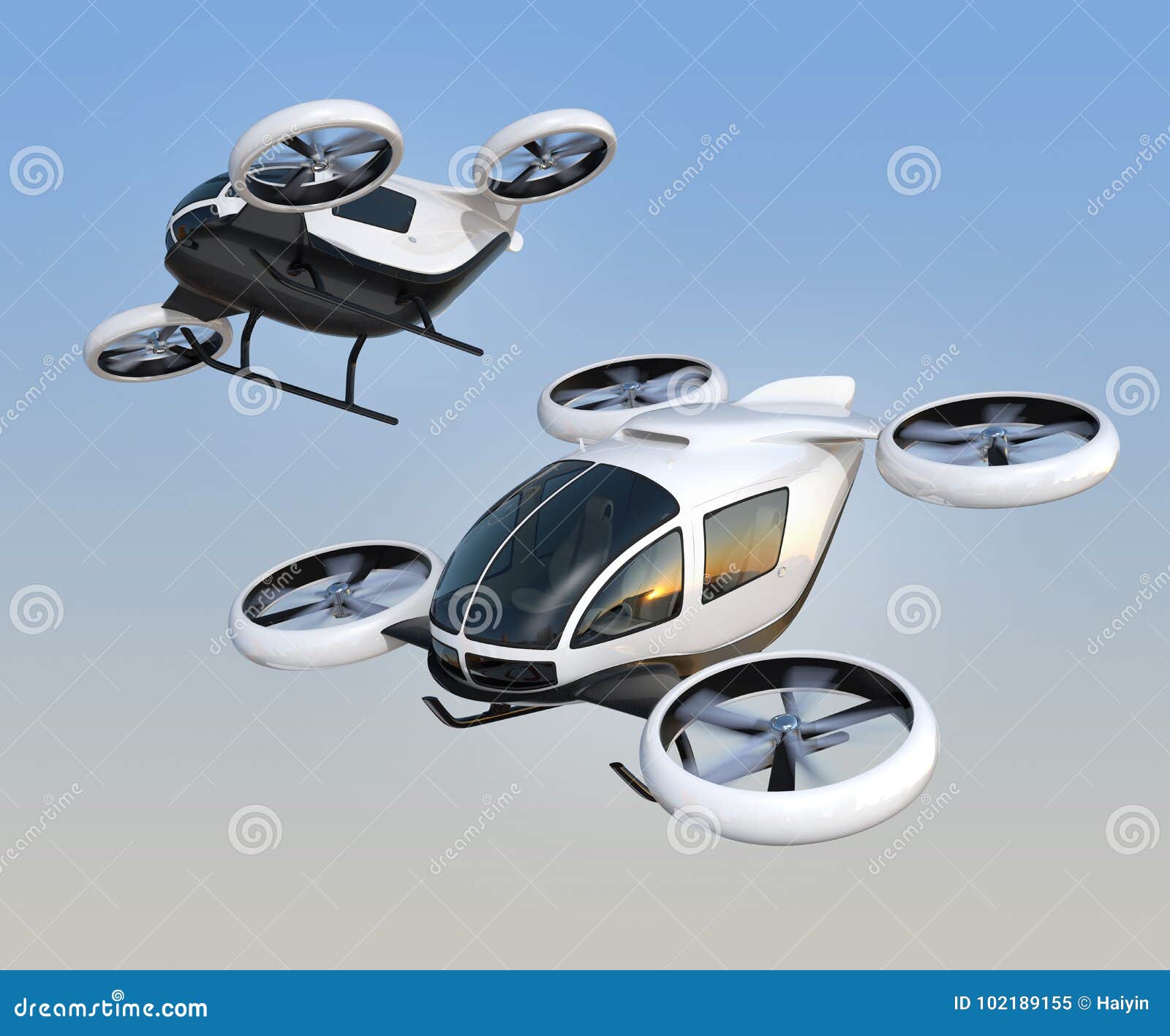 two self-driving passenger drones flying in the sky