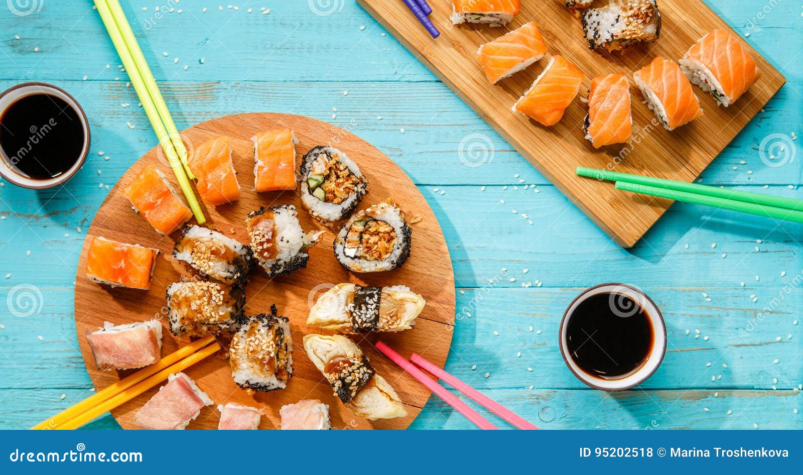 Two sets of japanese rolls stock photo. Image of salmon 95202518