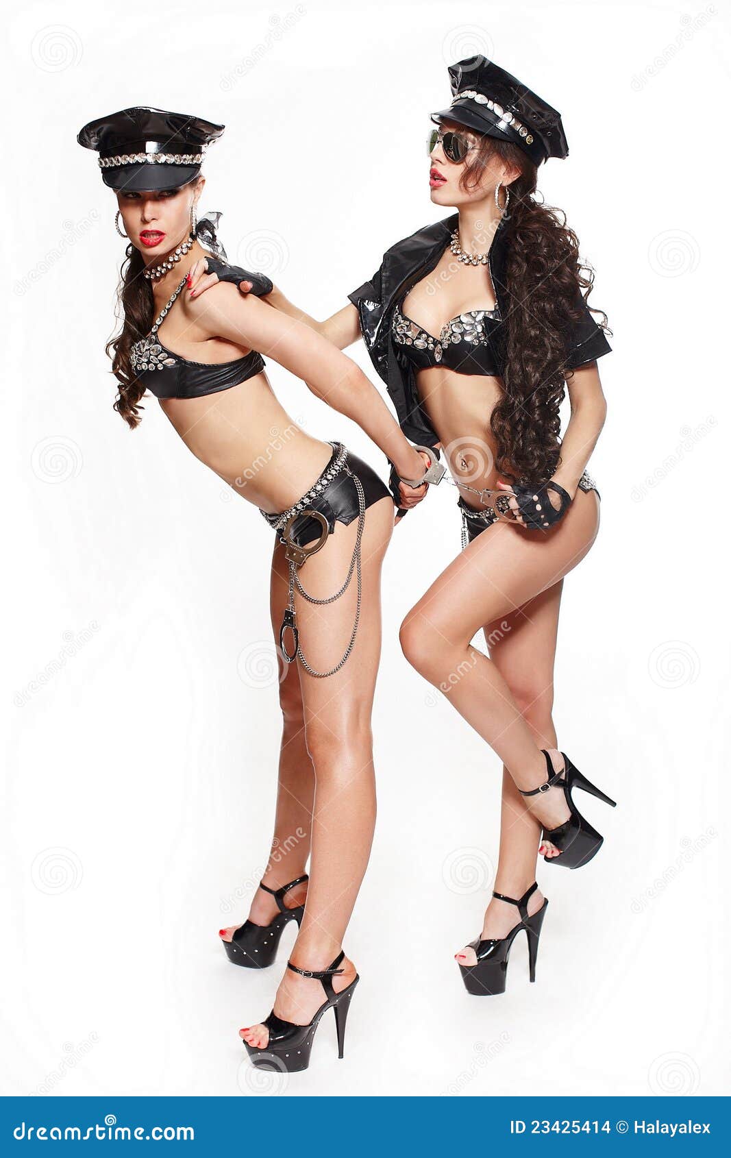 Two Beautiful Brunette Semi Nude Police Wome Stock Images