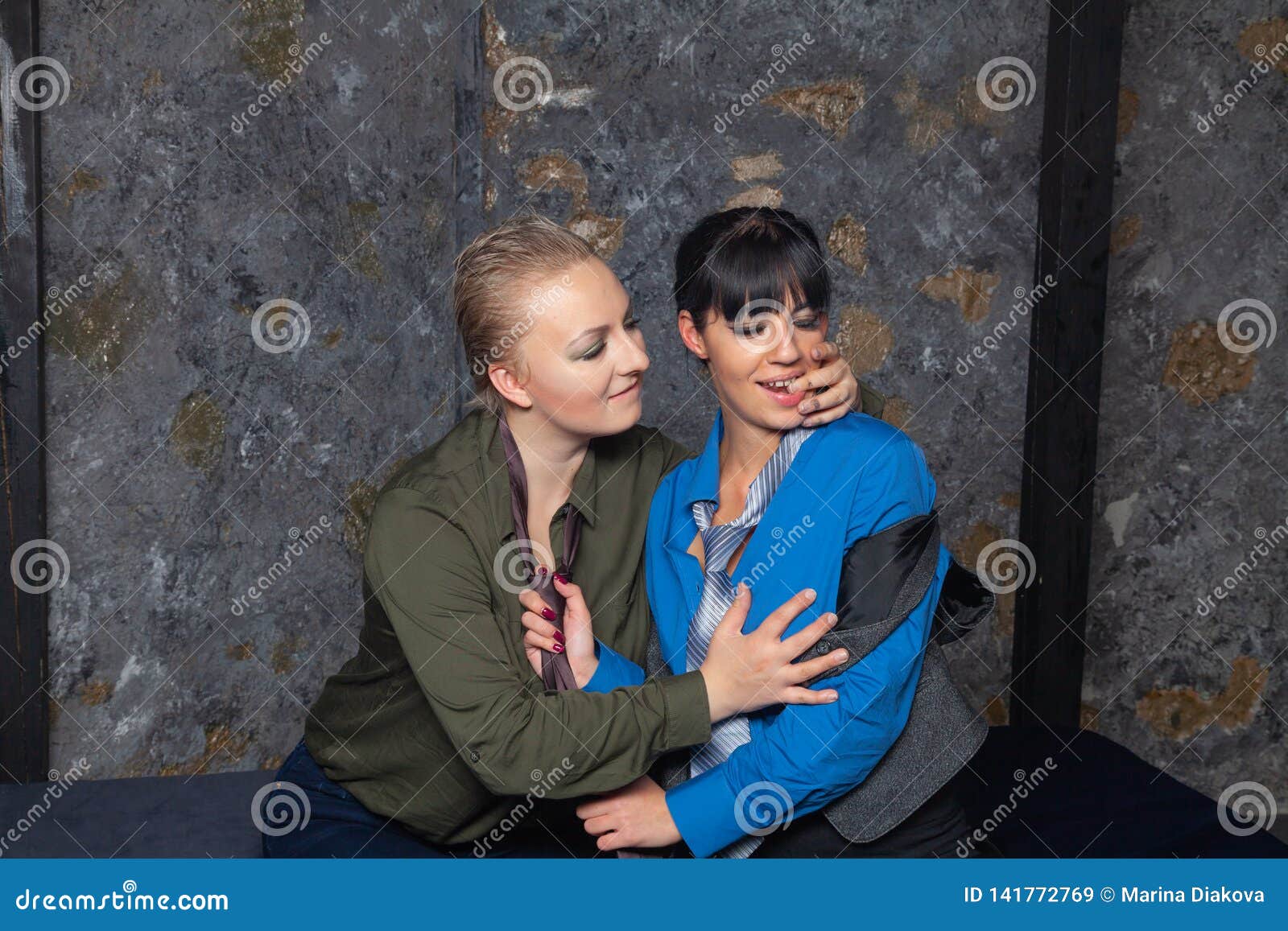 Two Lesbian Girls Making Love On A Black Bed In Their Bedroom Stock Image Image Of Bedroom