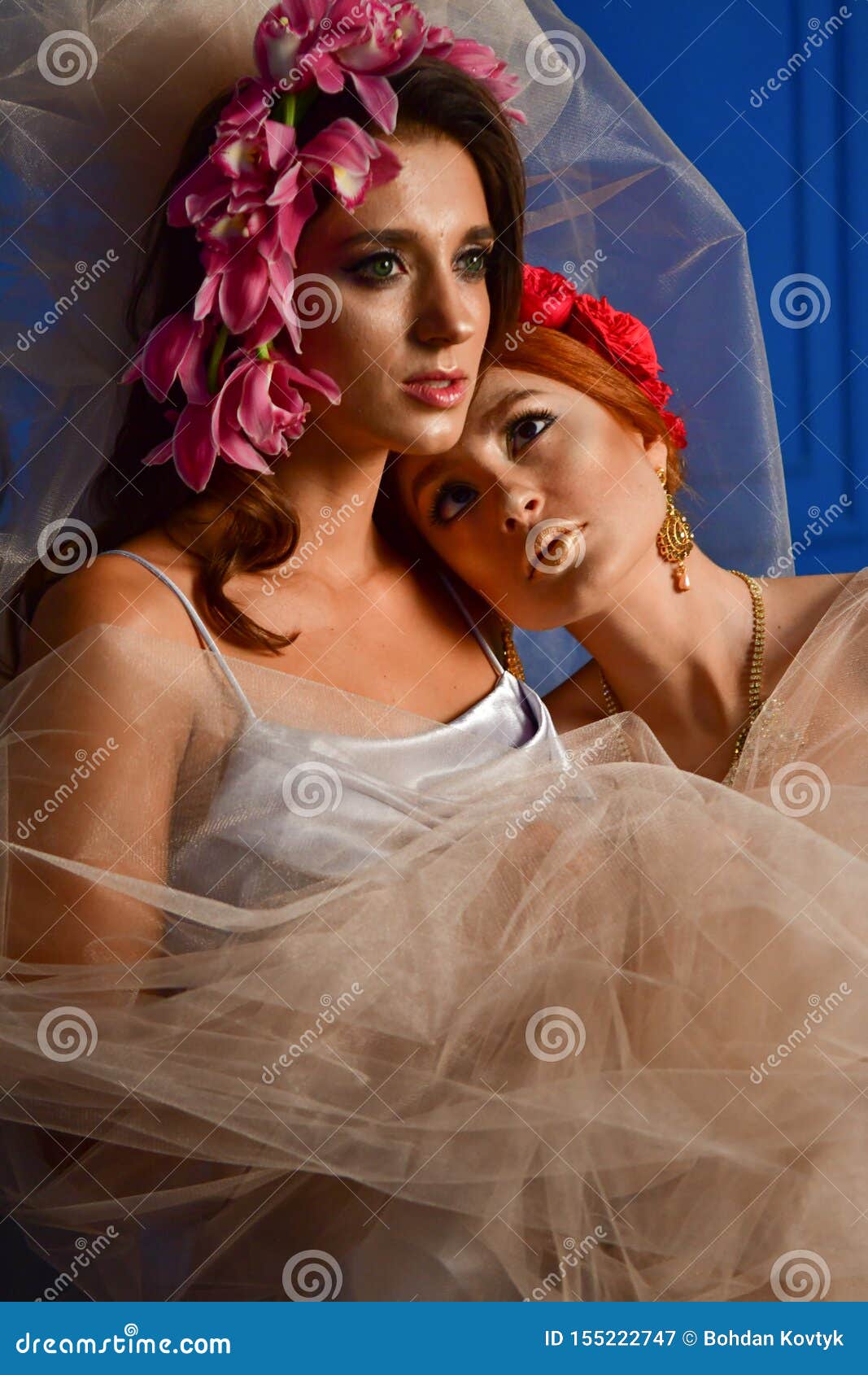 Portrait Of The Two Gorgeous Ladies With Wild Flowers Elegance Wreaths Fantasy Stock Image