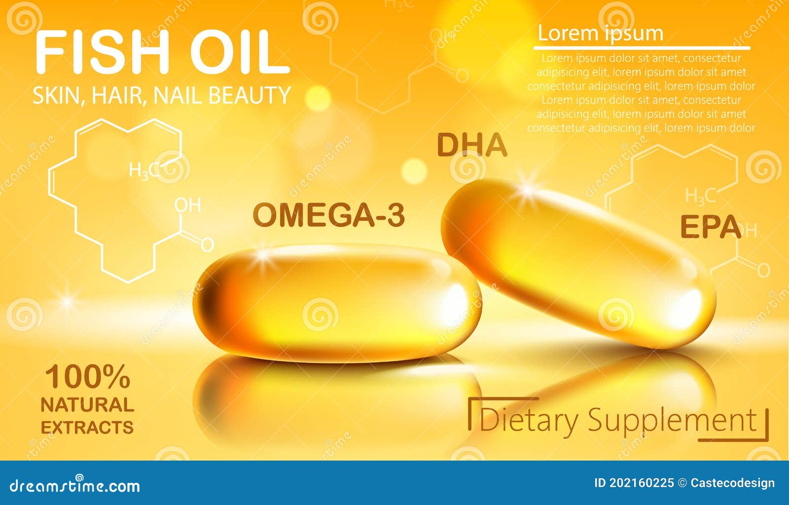 Two Shiny Capsules with Natural Extract of Fish Oil for Skin, Hair and Nail  Beauty. Dietary Supplement with OMEGA-3, DHA Stock Vector - Illustration of  omega, essential: 202160225