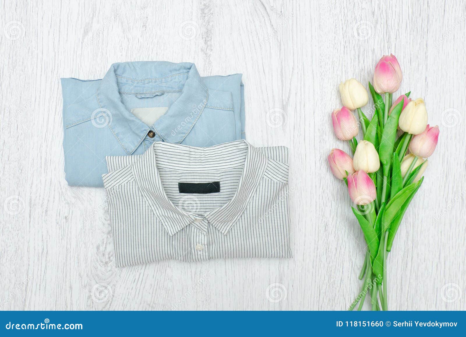 Two Shirts and a Bouquet of Tulips. Fashionable Concept Stock Photo ...