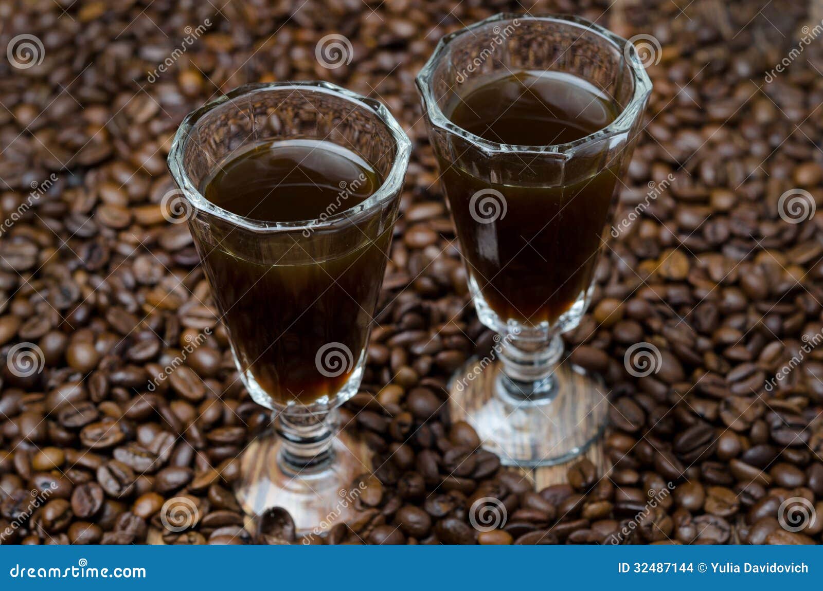 Two Shot Glasses Of Coffee Liqueur, Selective Focus Stock Photo Image