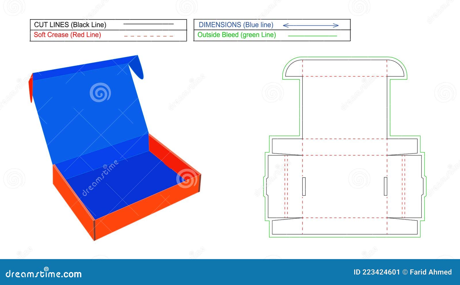 Two Side Rollover with Ear Lock Box, REFT Box Dieline Template and 3D ...