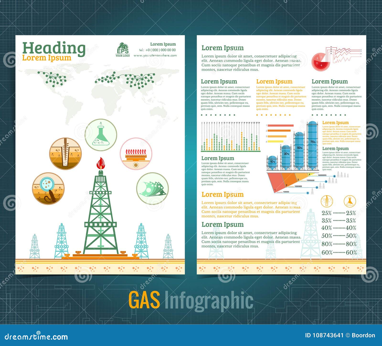 two sided business brochure or flyer, gas rig or oil derrik and information.  modern flat style