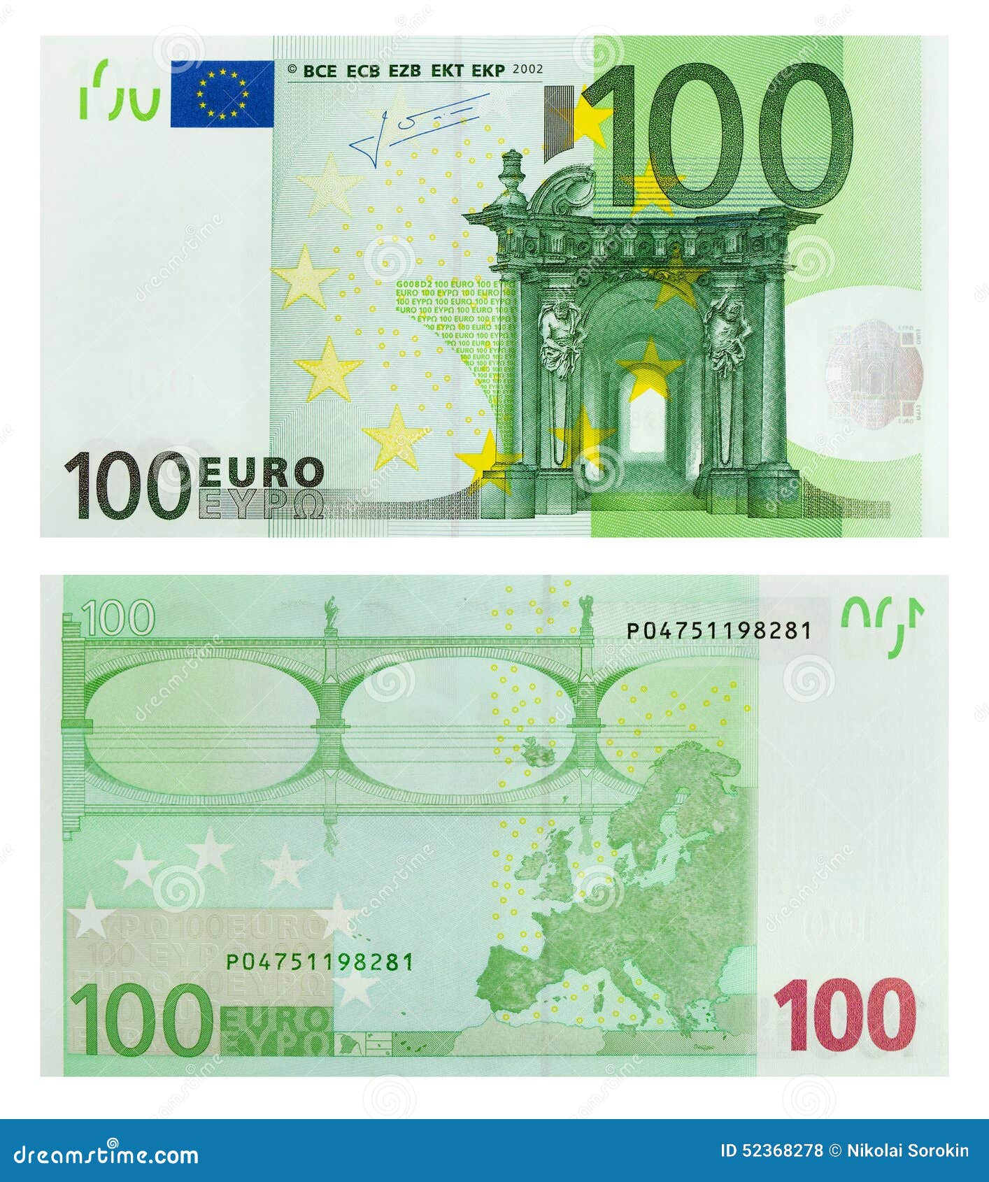 two sides of 100 euro banknote