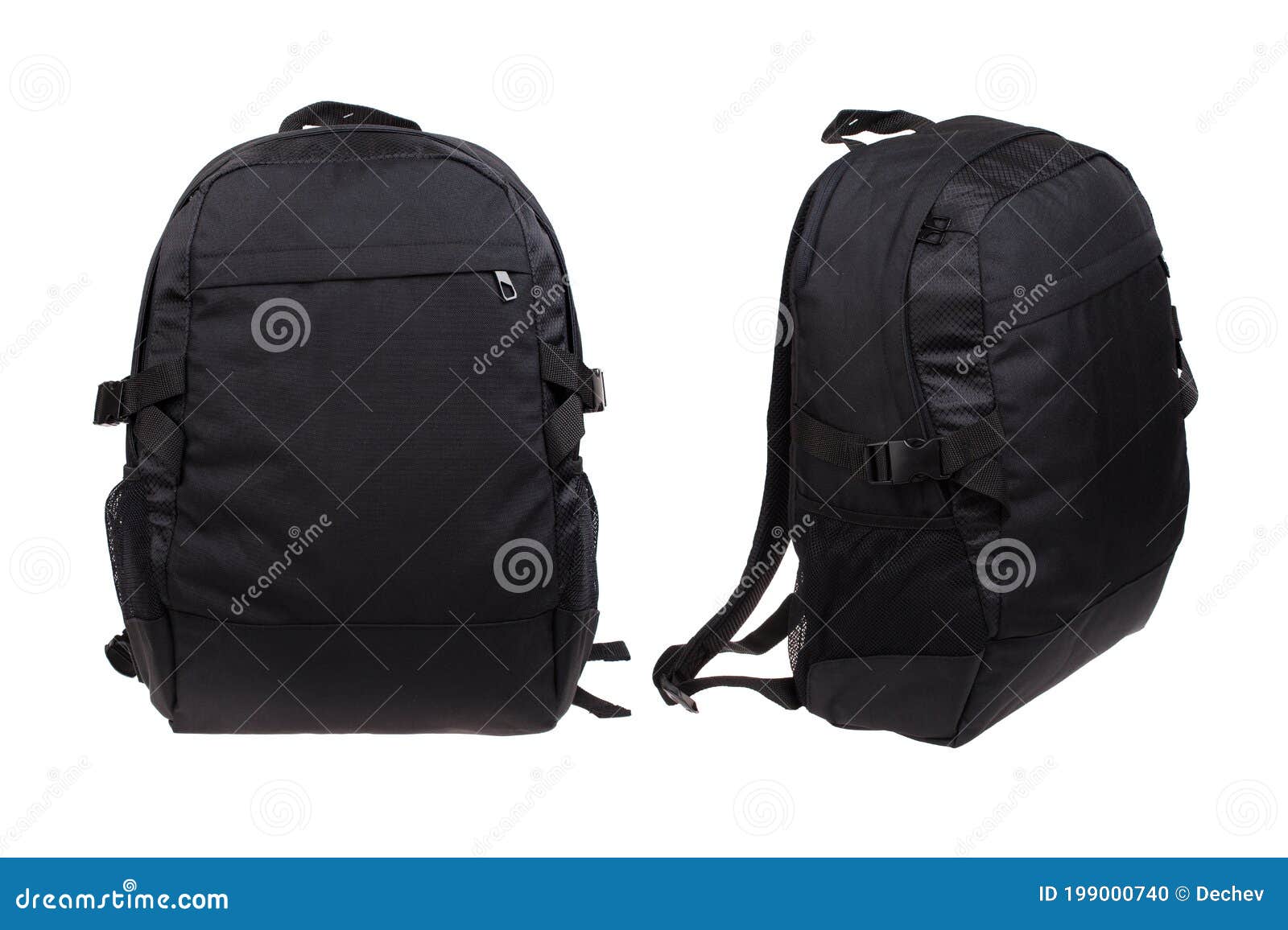 two sides of modern black backpack,  on white