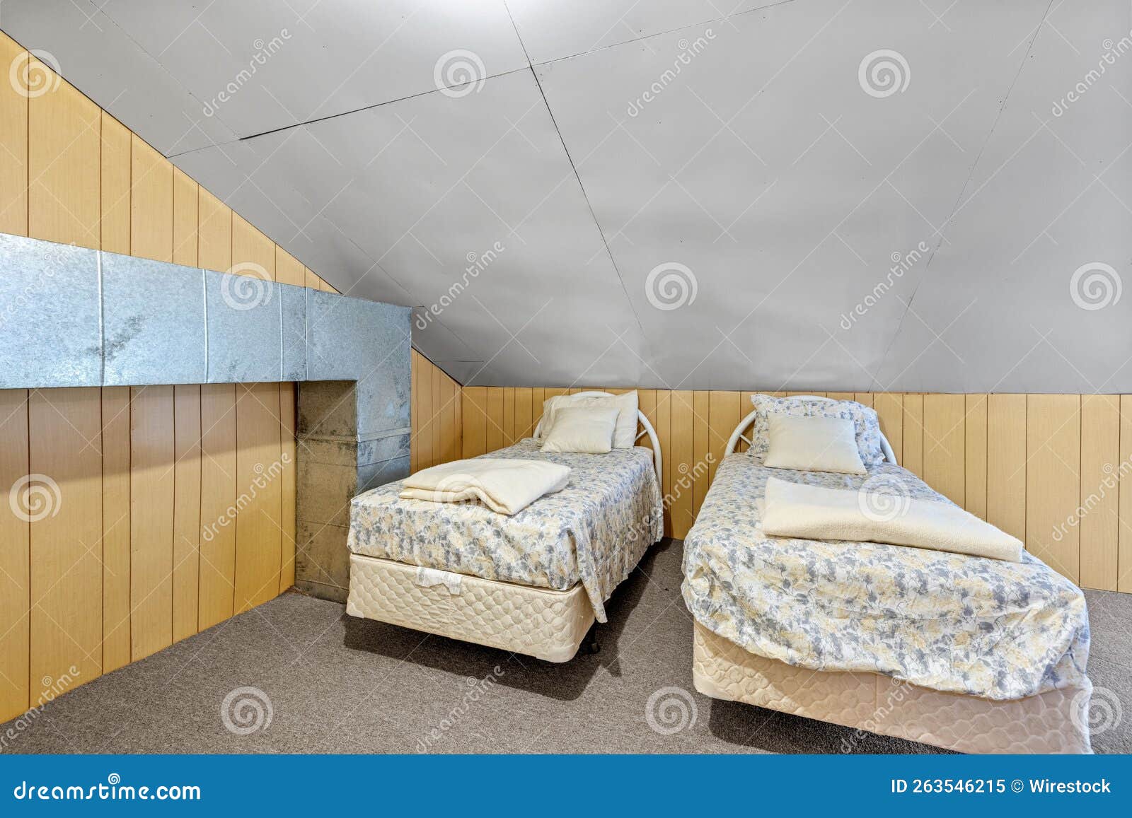 Single Beds in the Room with a Short Ceiling Stock Image Image of
