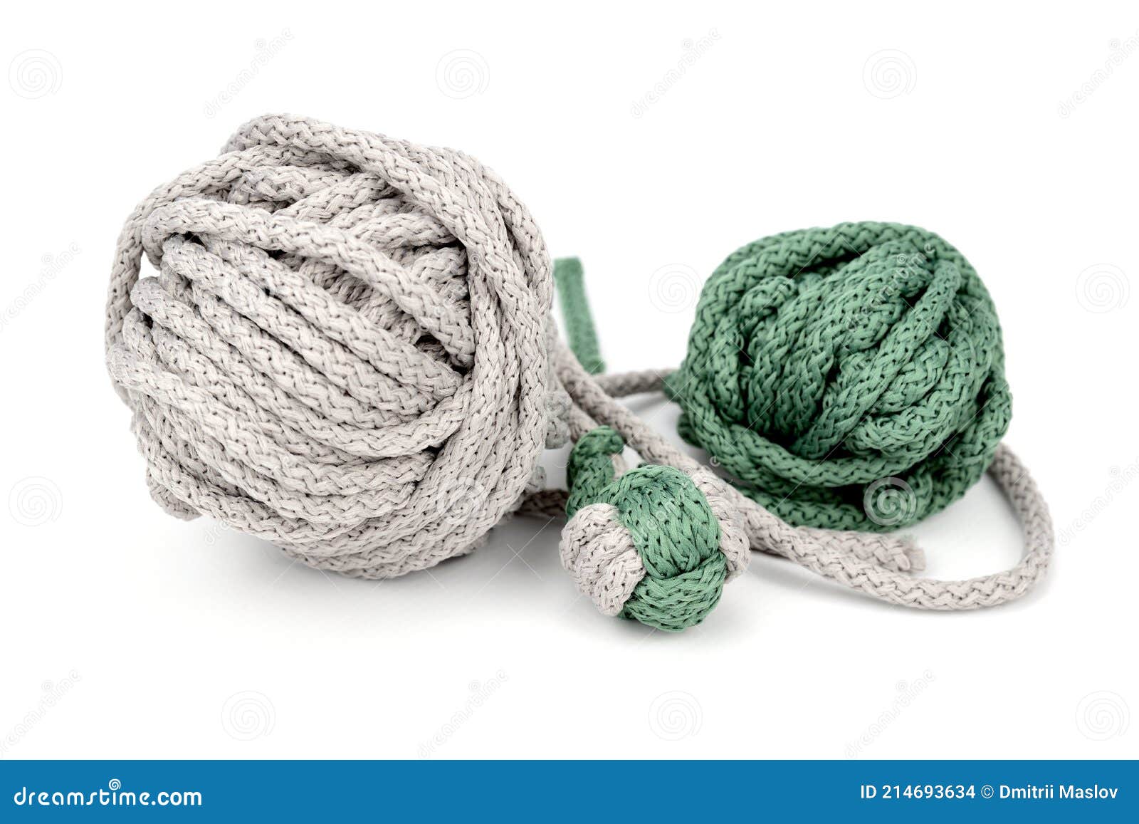 Two Skeins of Paracord, Gray and Green, and a Thick Knot Woven of