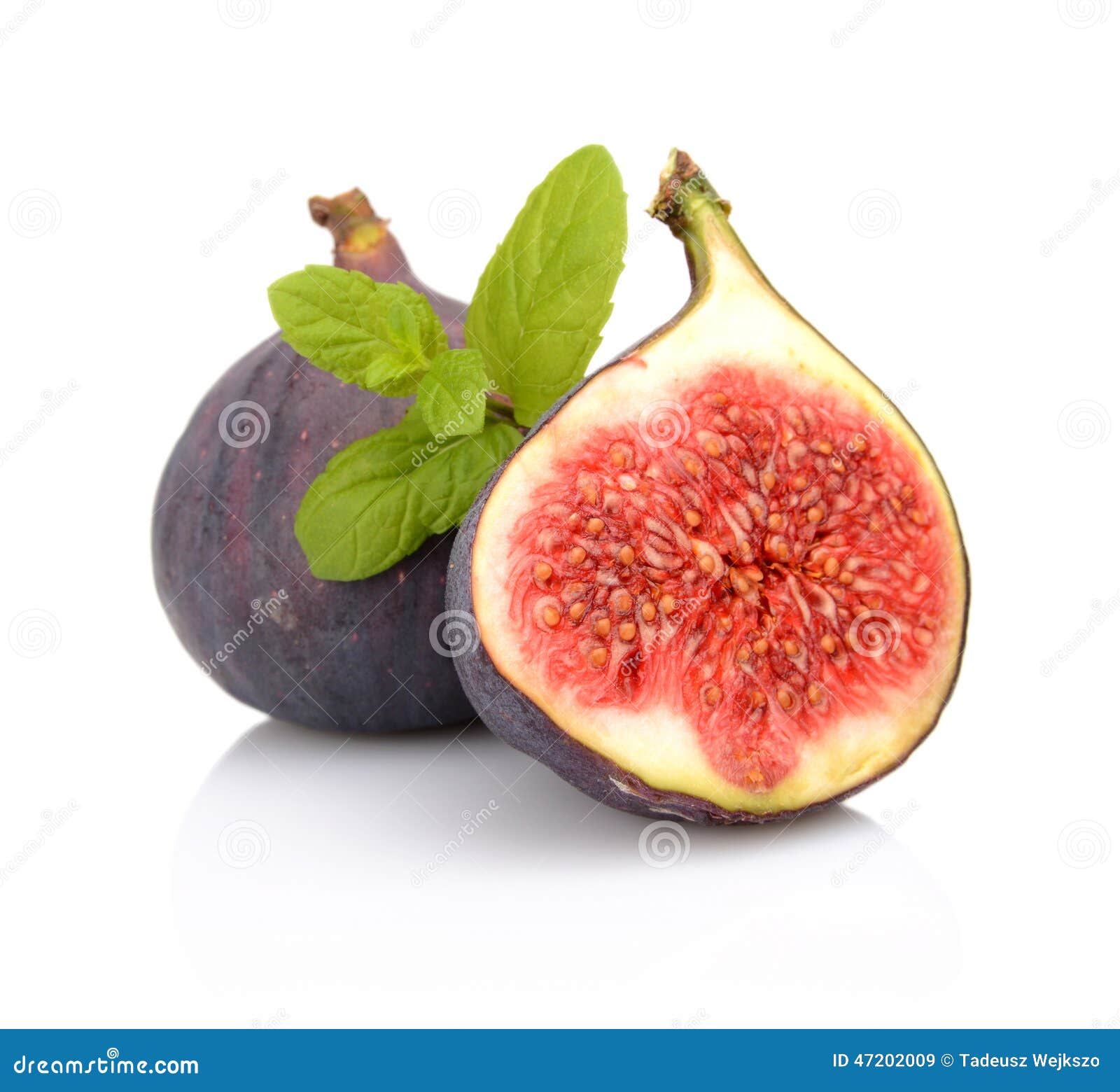 Two Sliced Figs With Mint Isolated On White Background Stock Image