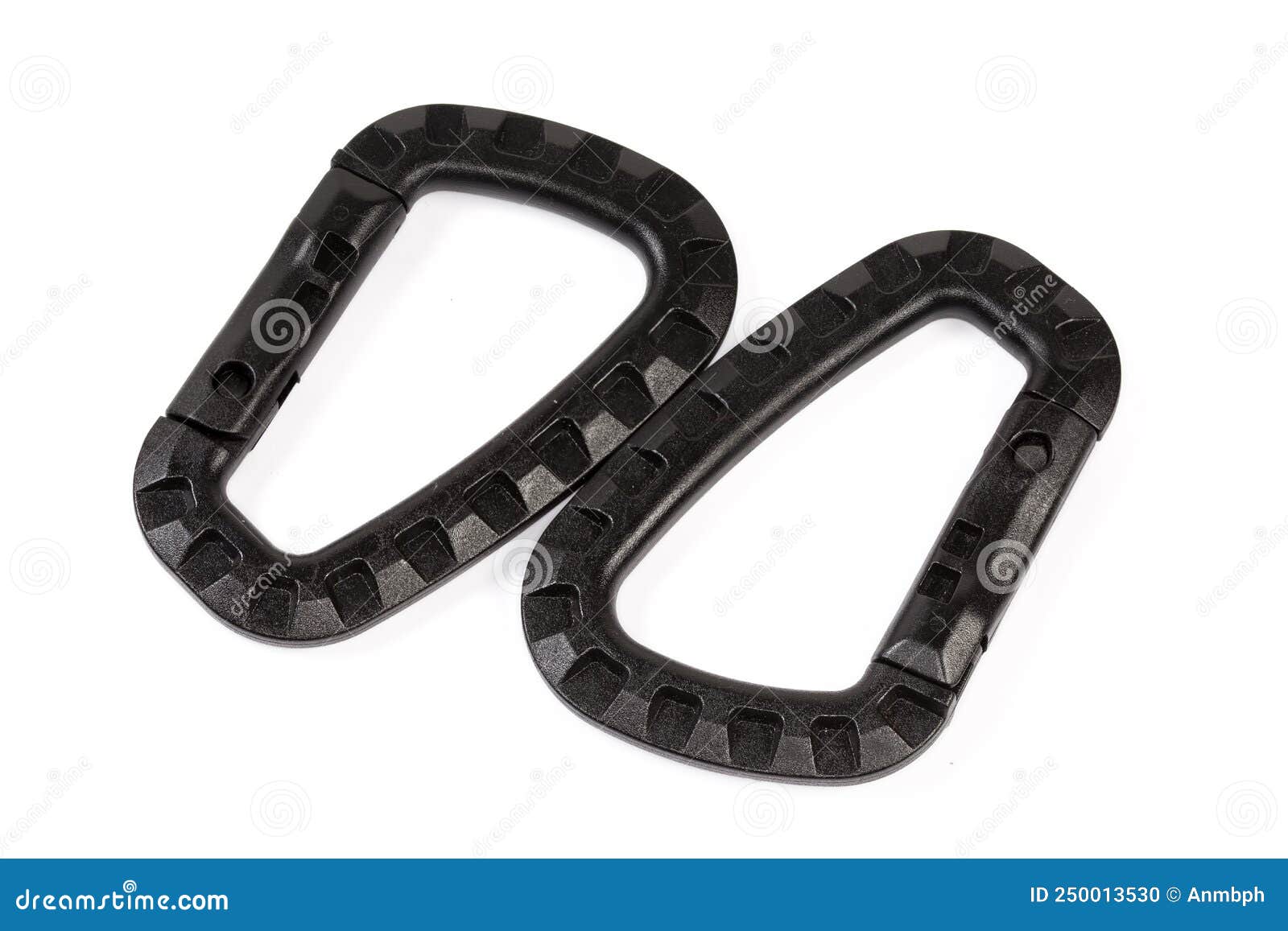 Two Small Plastic Snap Hooks on a White Background Stock Photo