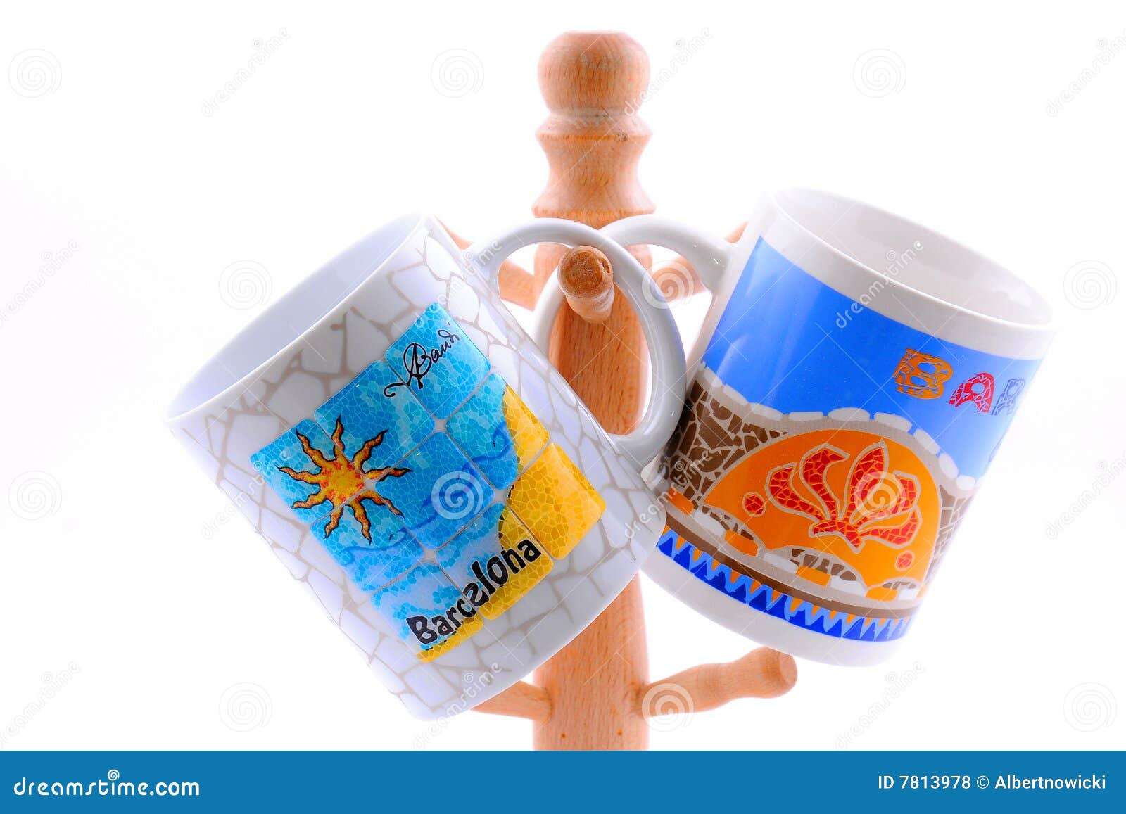 Two Souvenir Cups from Barcelona Hanging on Hanger Stock Photo Image