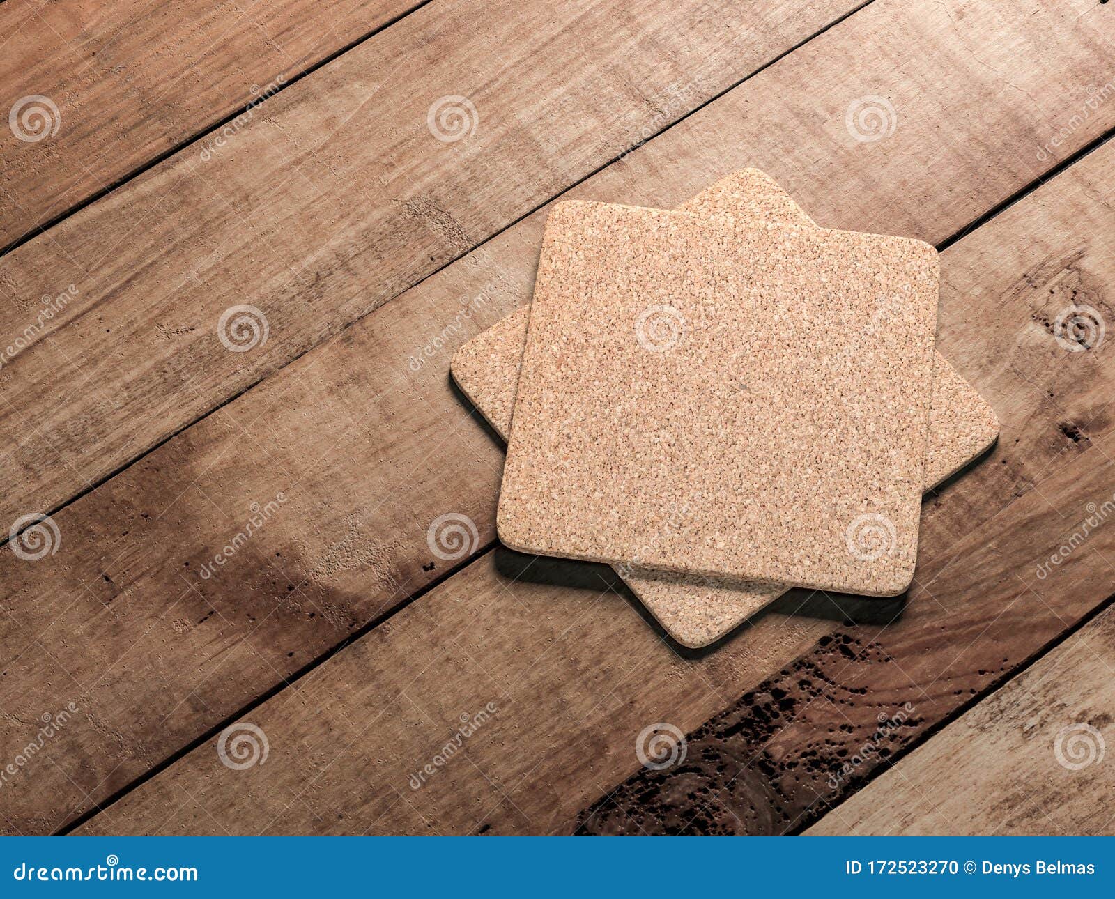Two Square Cork Beer Coasters Mockup Lies on the Wooden Table Illustration Illustration of square, table:
