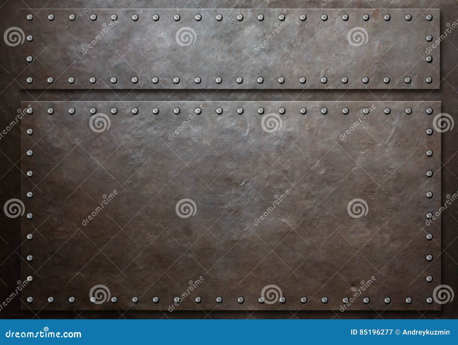 two stained steel plates with rivets over metal background