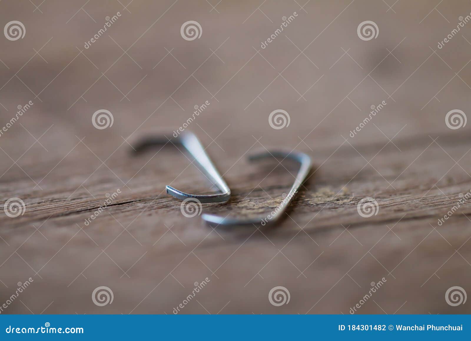 The Two Staples that Have Been Bent are Placed on a Brown Wooden Floor ...