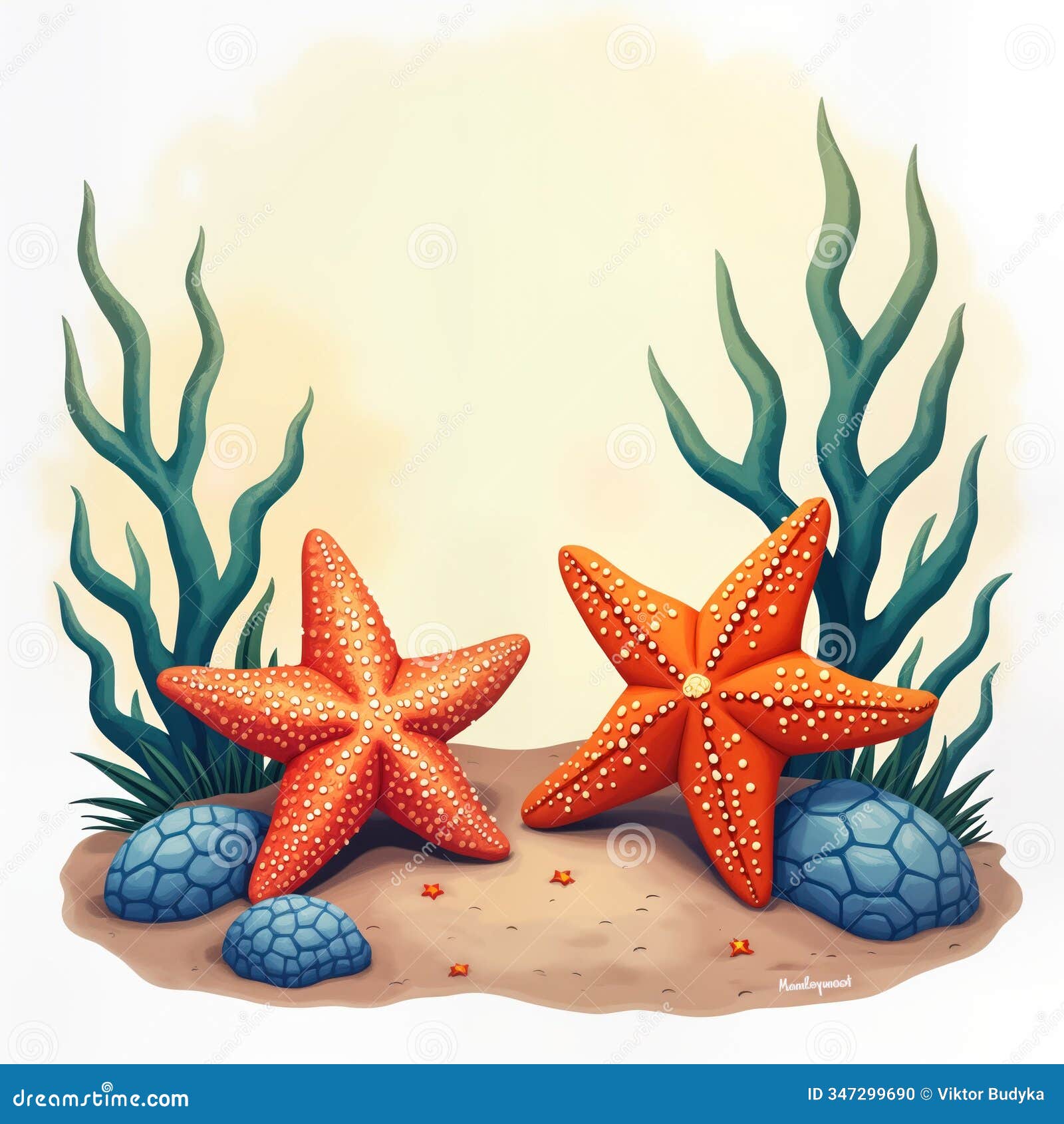 two starfish rest on sandy seabed. coral, seaweed surround. ocean scene. underwater world. beautiful marine creatures. seabed