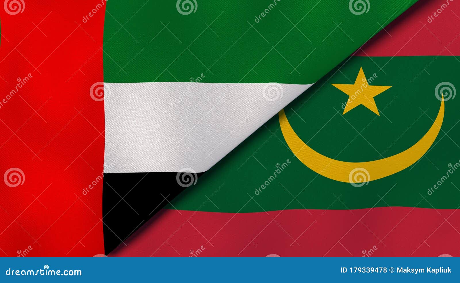 the flags of united arab emirates and mauritania. news, reportage, business background. 3d 