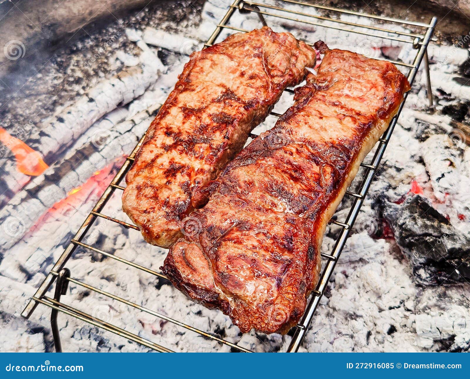 Two Steaks are Placed on a Camping Charcoal Grill. Stock Image Image