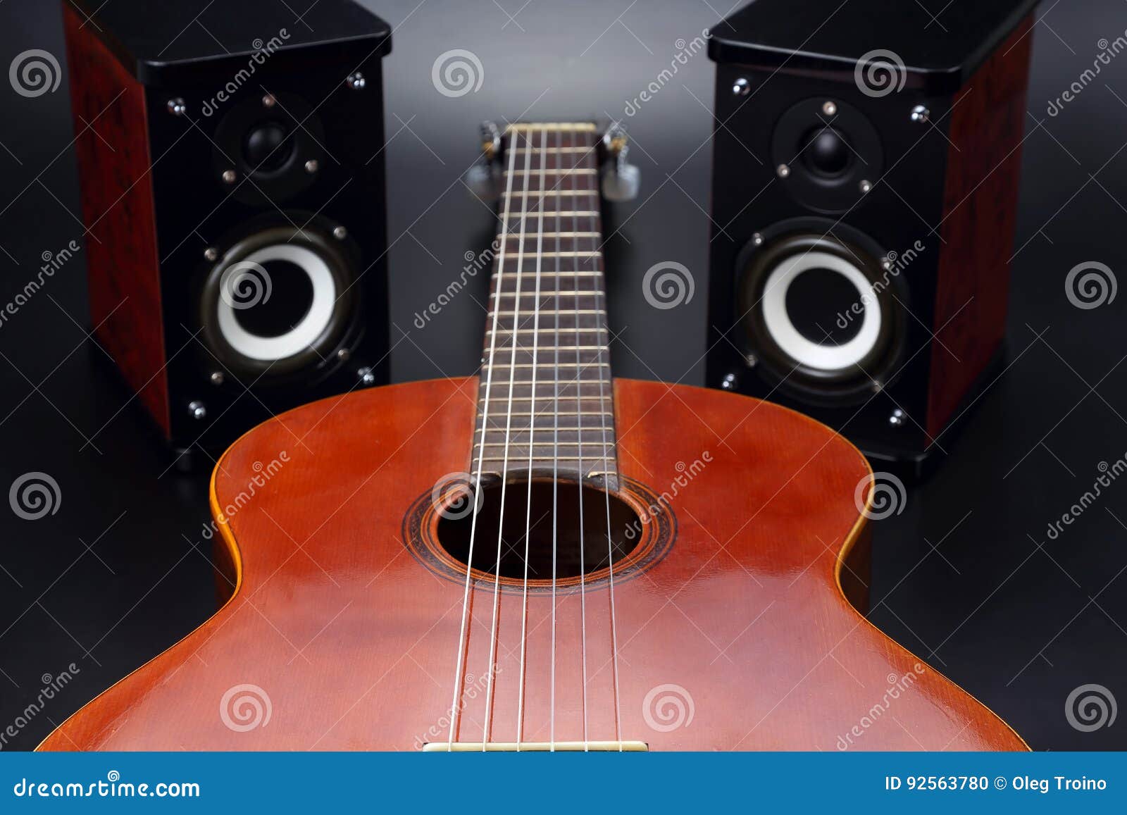 Two Stereo Audio Speakers, and Classical Acoustic Guitar Stock Photo
