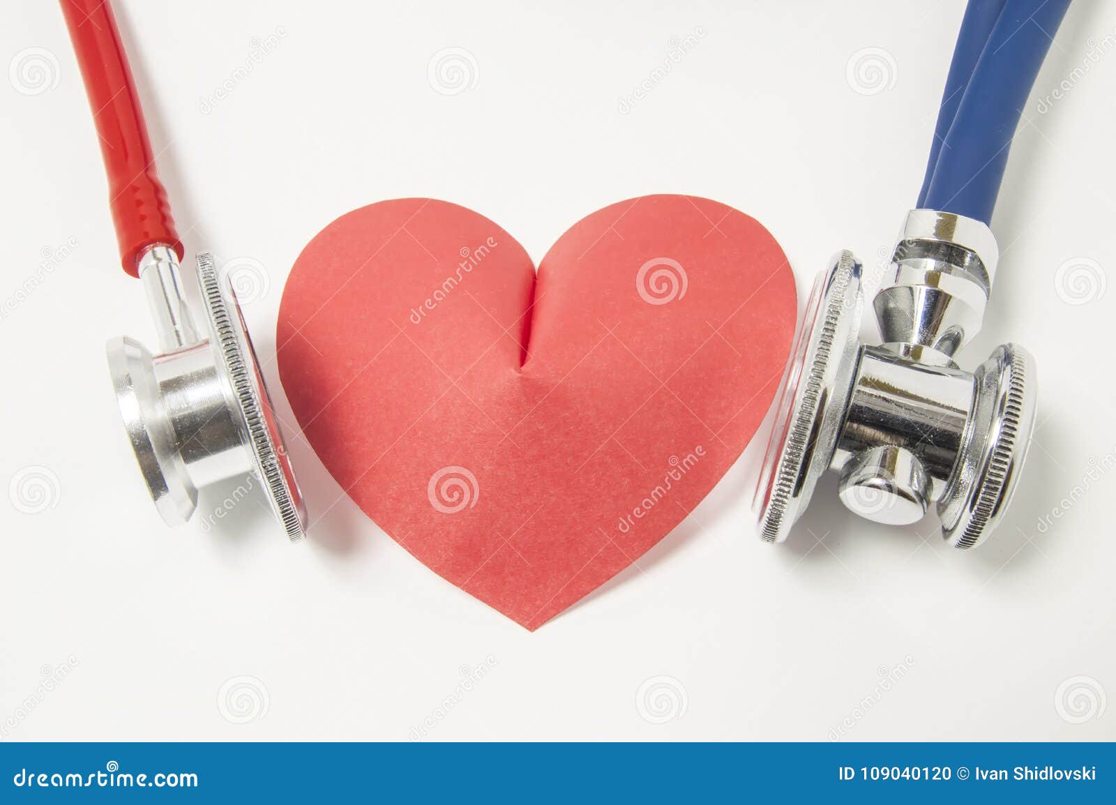 two stethoscope blue and red are examined listening or auscultation heart  left and right side on white background. detai
