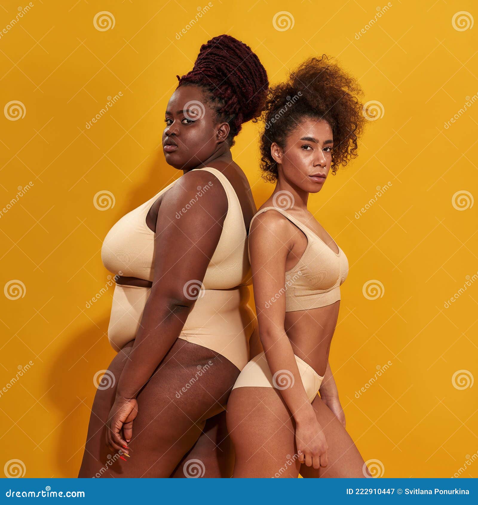 Two Strong African American Women in Beige Underwear with Different Body  Size Standing Together Back To Back, Posing Stock Image - Image of healthy,  slim: 222910447