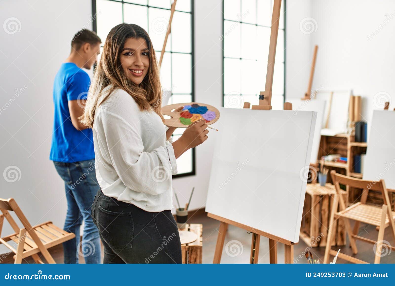 Two Students Smiling Happy Painting at Art School Stock Image Image