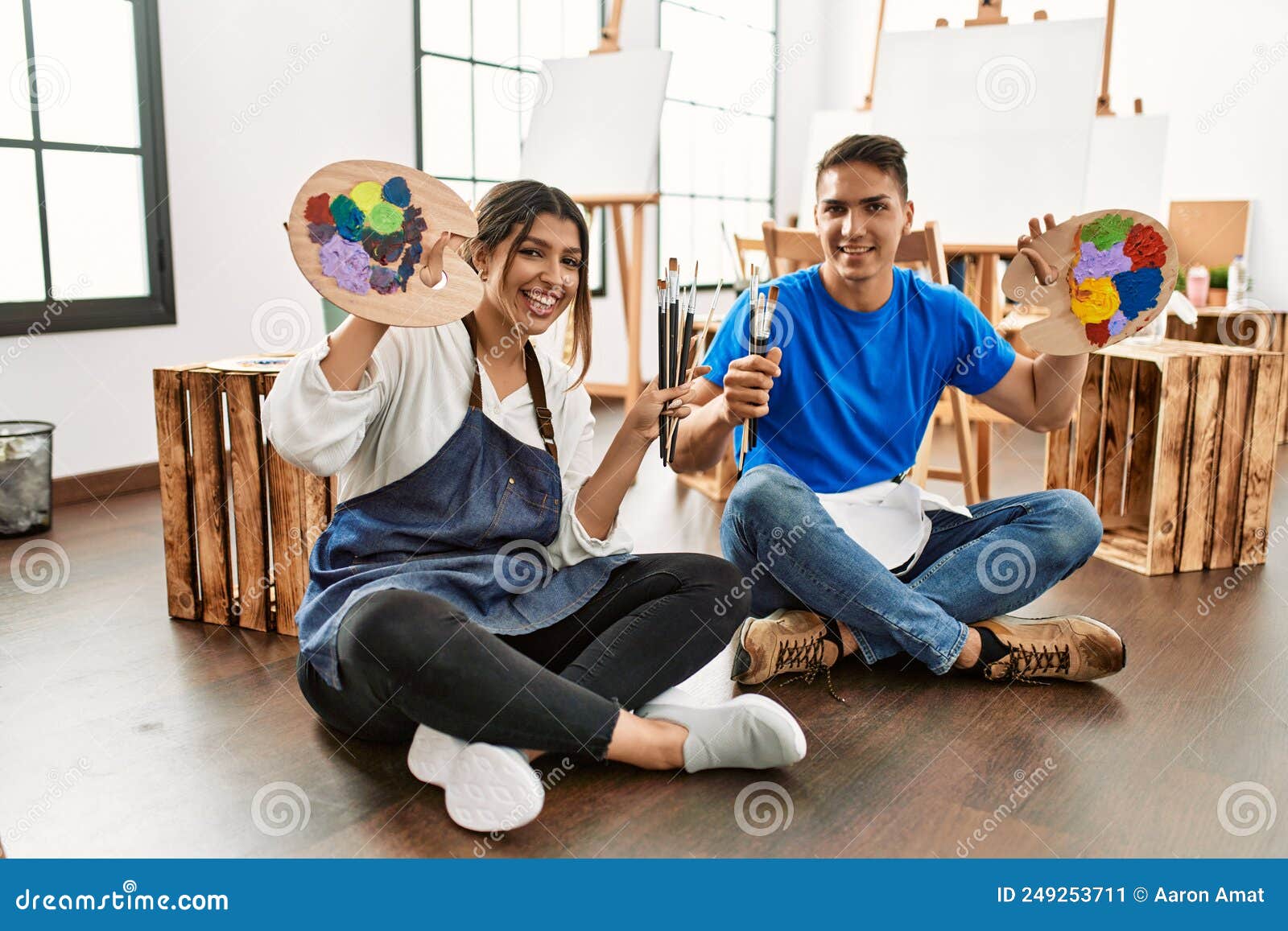 Two Students Smiling Happy Painting at Art School Stock Image Image