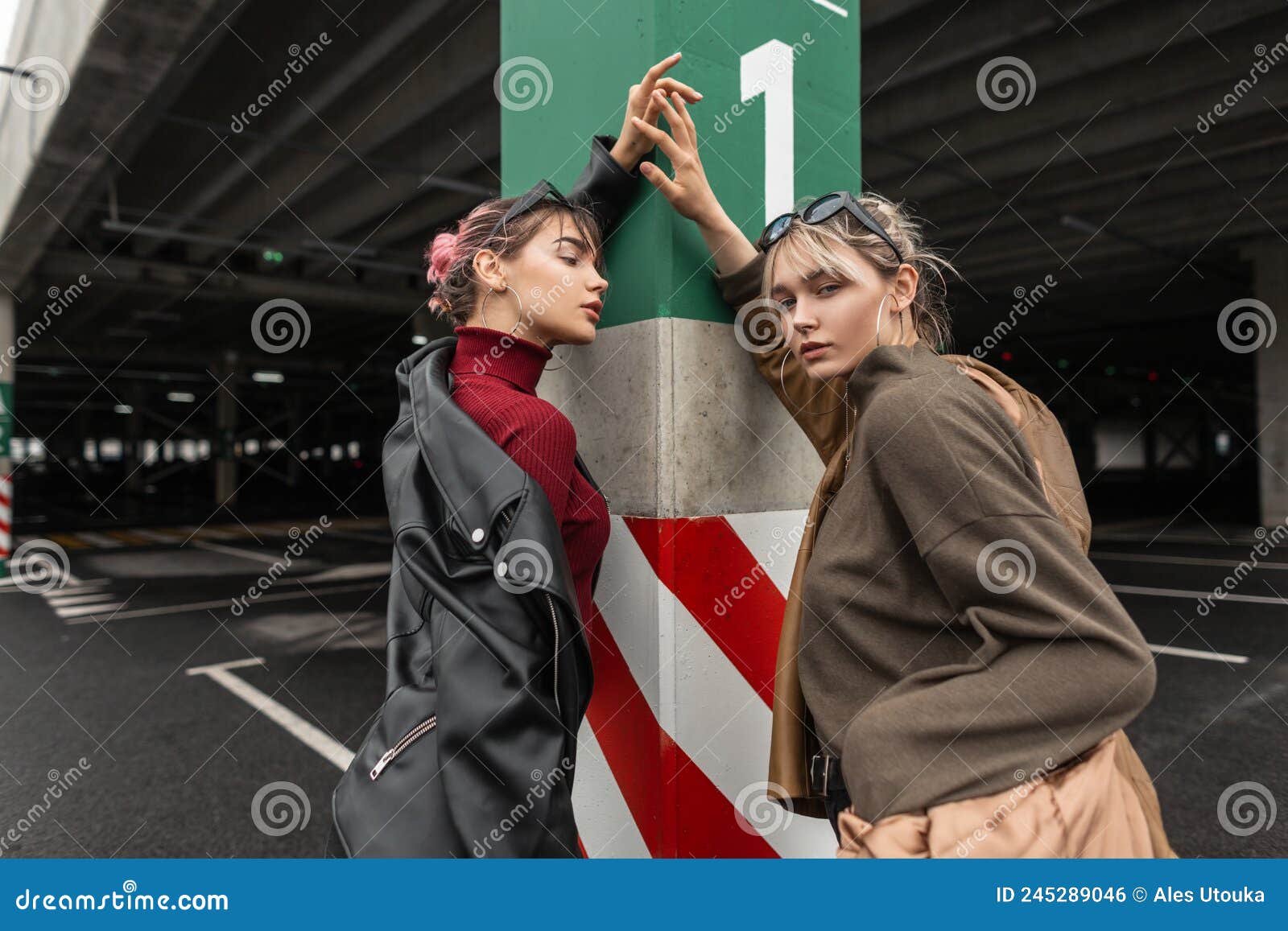 Two Stylish Cool Young Women in Fashion Autumn Vogue Clothes