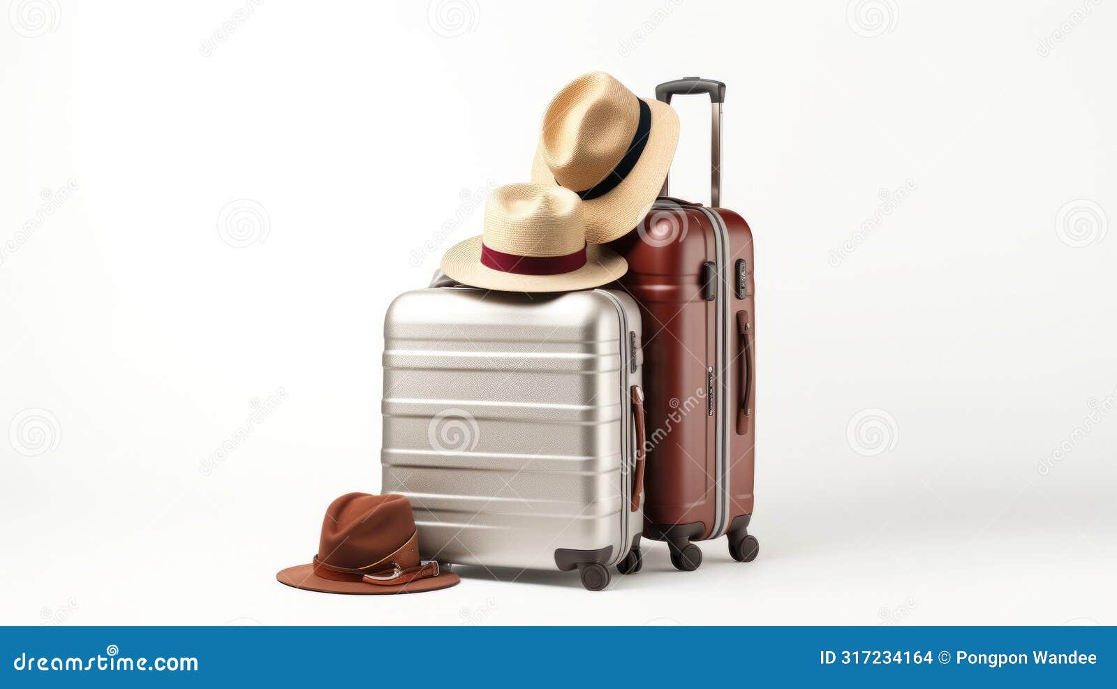 two suitcases, one silver, one brown, with hats, e against a white backdrop