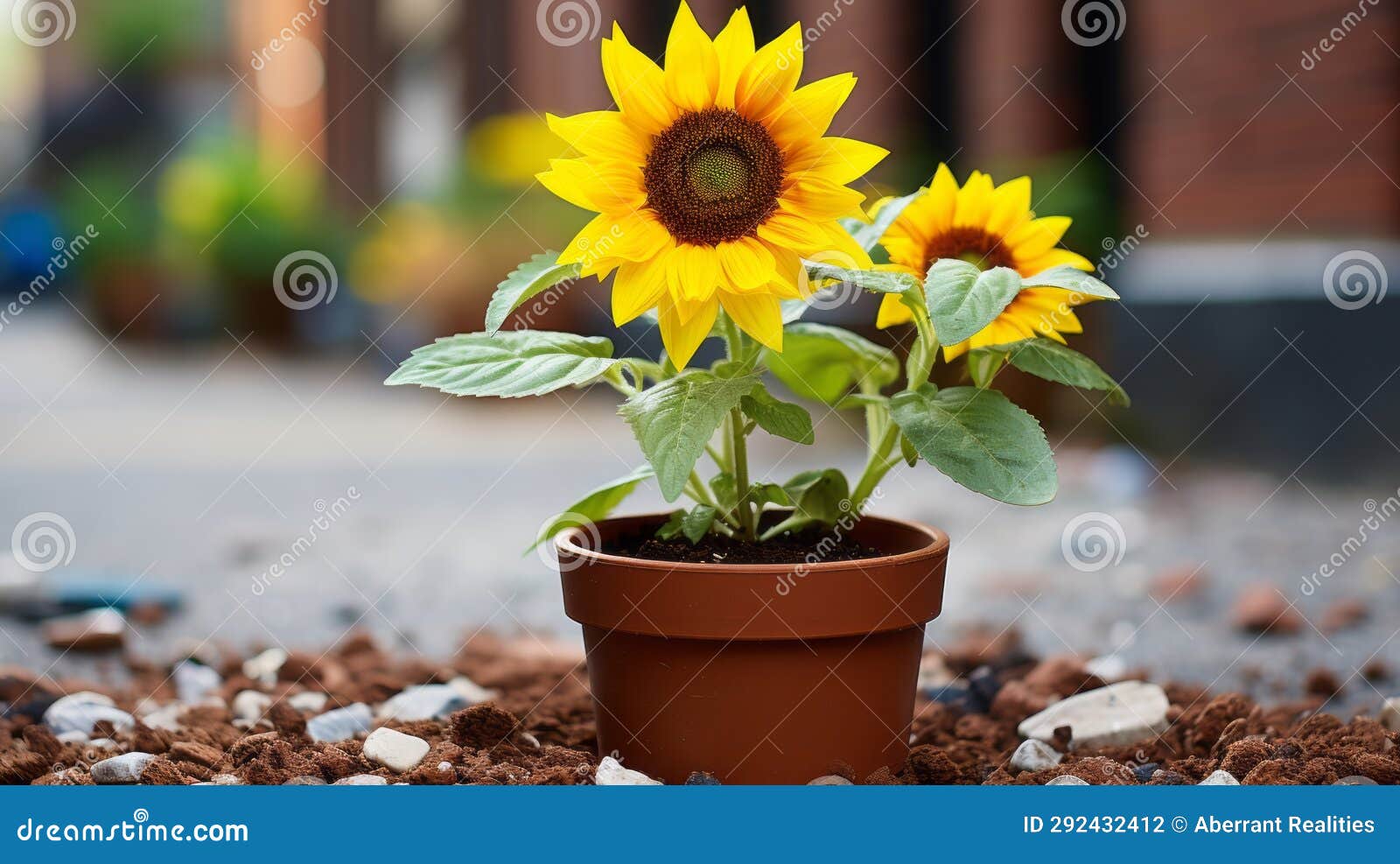 Two Sunflowers Growing in a Pot on the Ground Stock Illustration