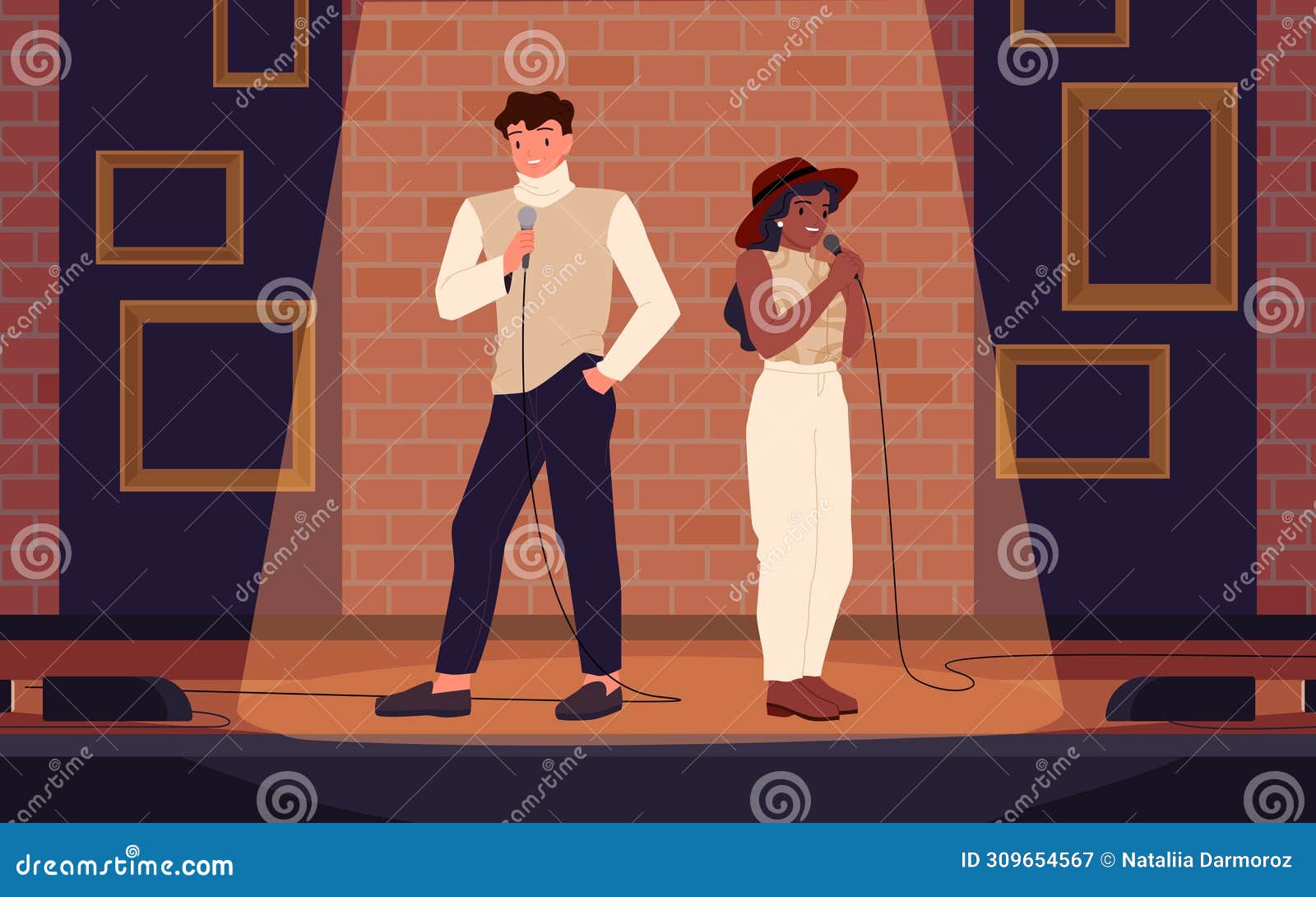 two talent artists standing on theater stage in spotlight with brick wall, people holding microphones for jokes contest