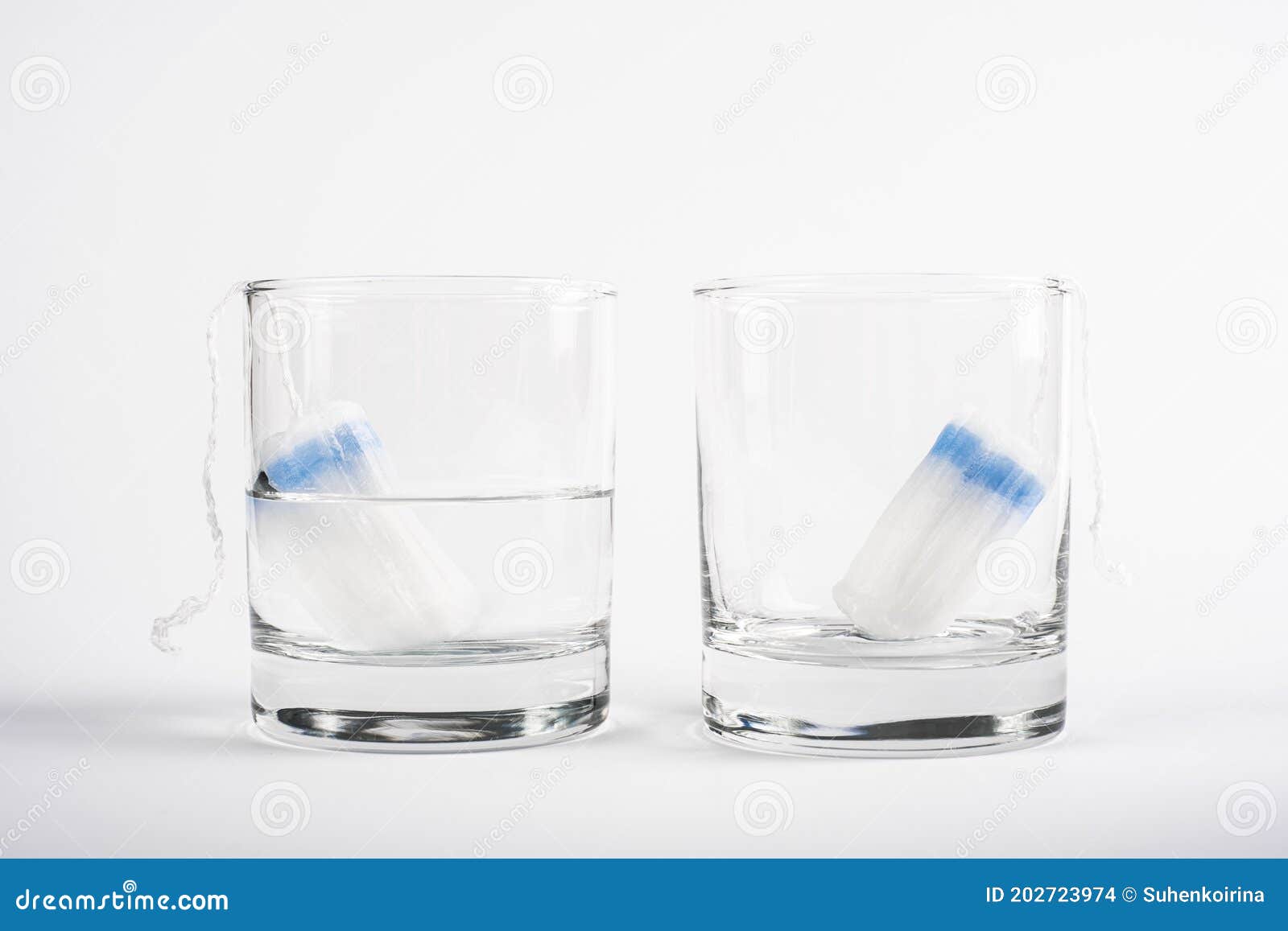 Kronisk kabine fokus Two Tampons for Menstruation in a Glass Cup with and without Water. Tampon  Absorbency Test Stock Photo - Image of absorb, isolated: 202723974