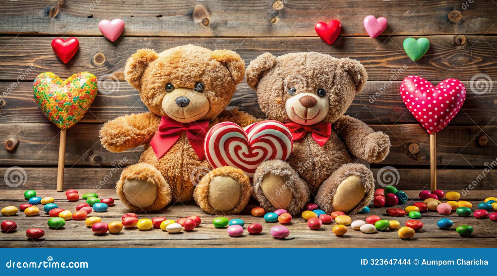 Two Teddy Bears Clutch Hearts Amidst a Playful Scene of Assorted Stuffed Animals and Vibrant Candies All Arranged on a Rustic Wo Stock Illustration Illustration of wall animals 323647444