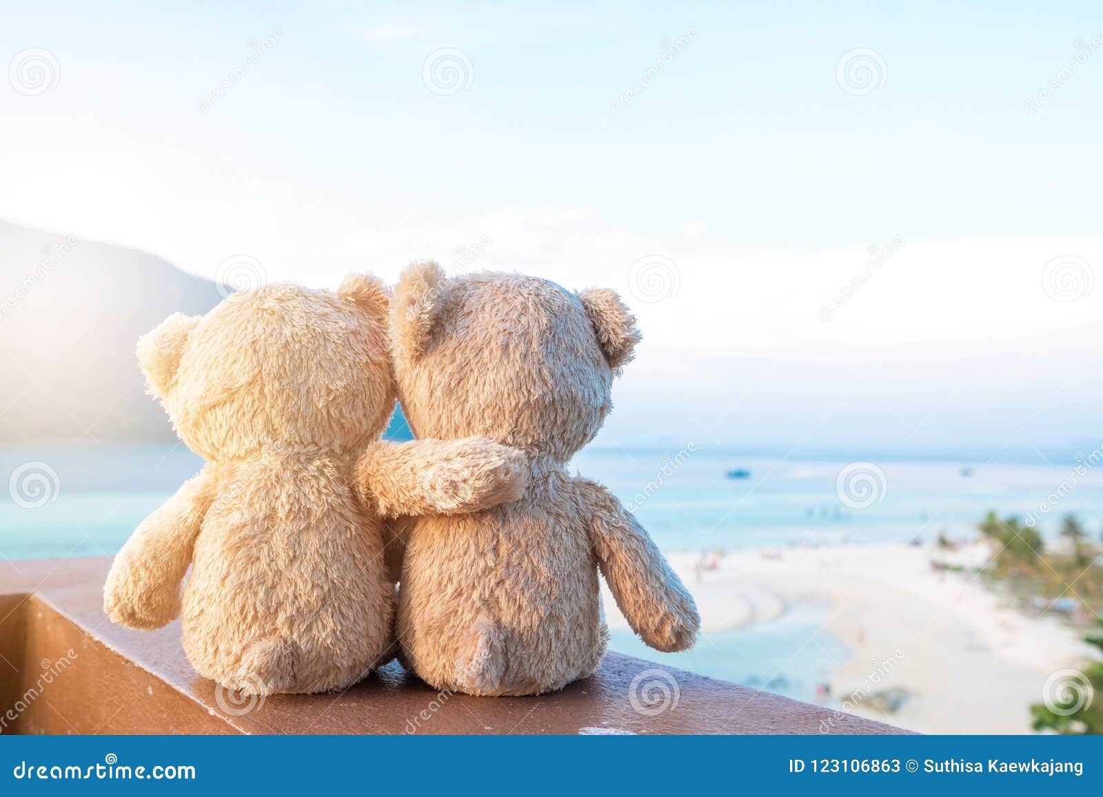 two teddy bears sitting sea view. love and relationship concept.