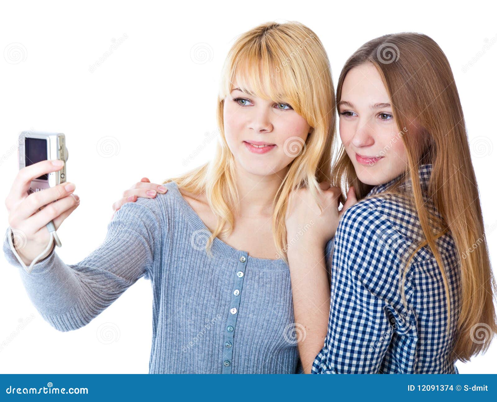 Two Teenage Girls Photographing on Camera Stock Photo - Image of ...